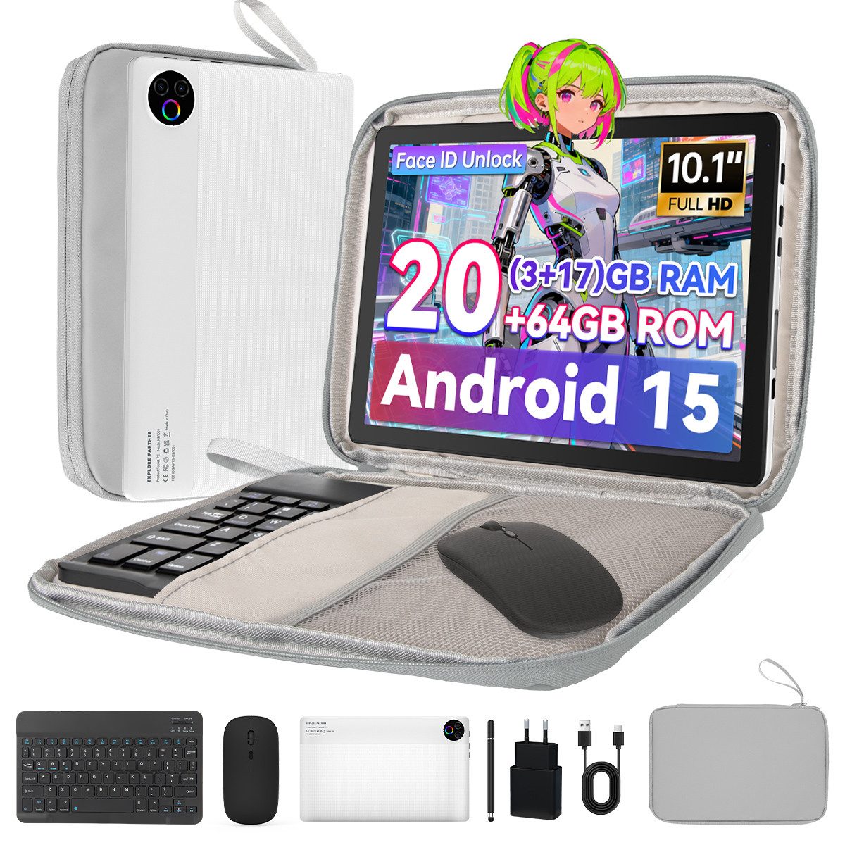 BUFO 10,1 Zoll 20(3+17)GB RAM 64GB ROM, Android 15, HD 1280x800, 5G WiFi Tablet (10,1", BT 5.4, WiFi 6, Dual-Kamera)