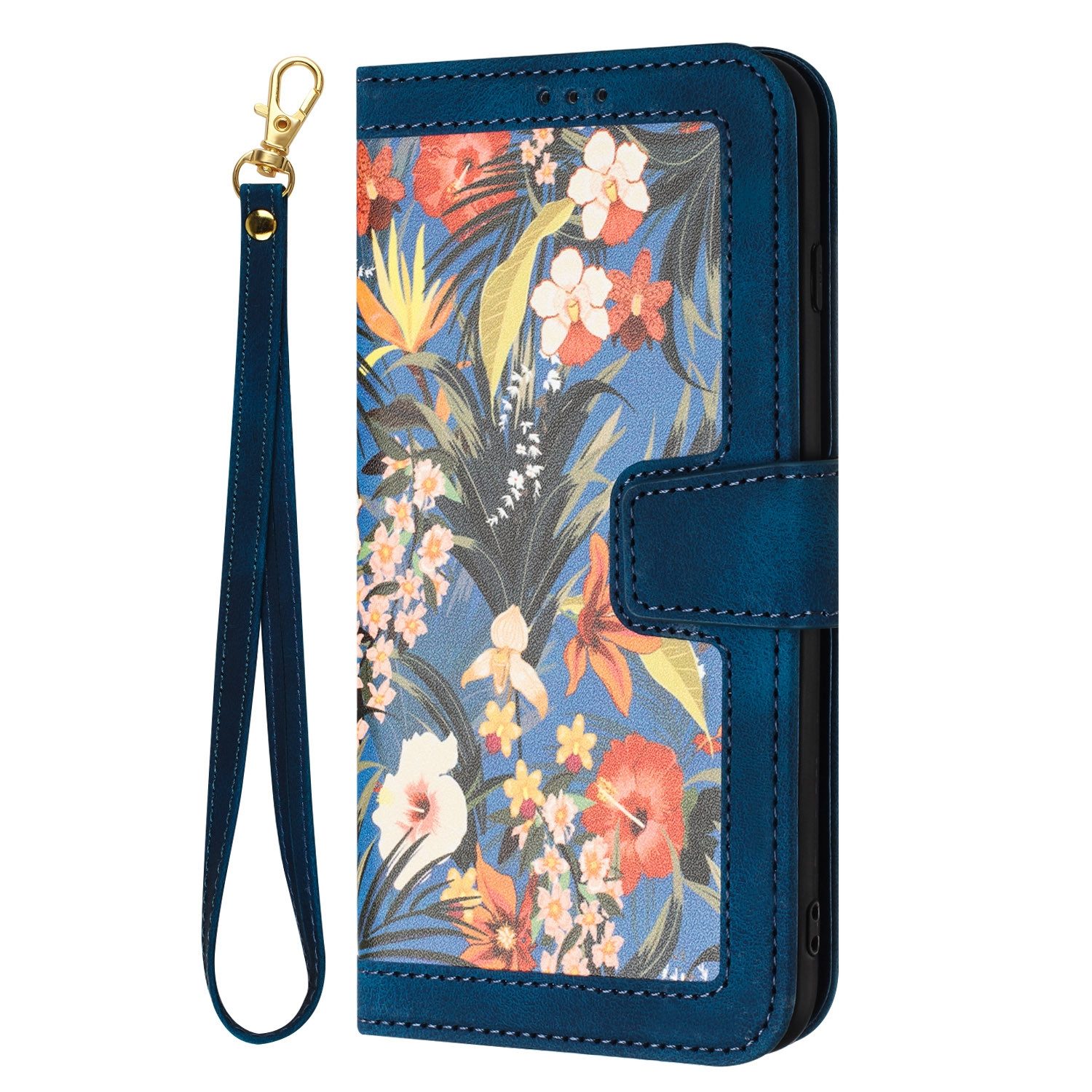 Wigento Smartphone-Hülle Für Xiaomi Redmi Note 14 5G Kunstleder Wallet Blumen Hülle Dunkelblau, Blumenmuster, Kartenfächer, Lanyard
