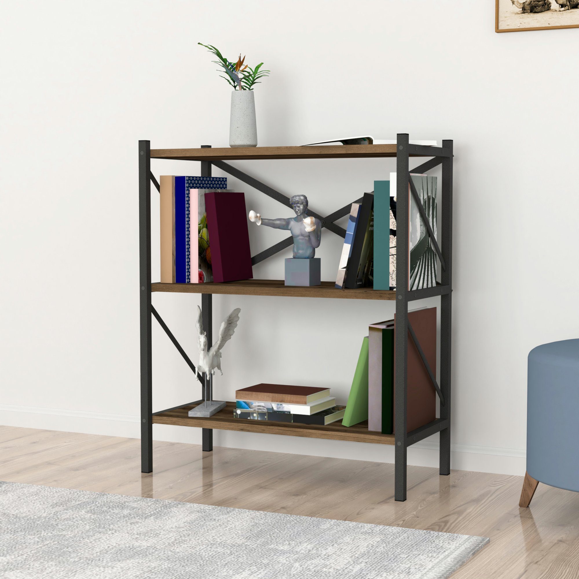 en.casa Bücherregal, »Vanylven« Standregal 85 x 66 x 34 cm Eiche-Optik, antik Braun