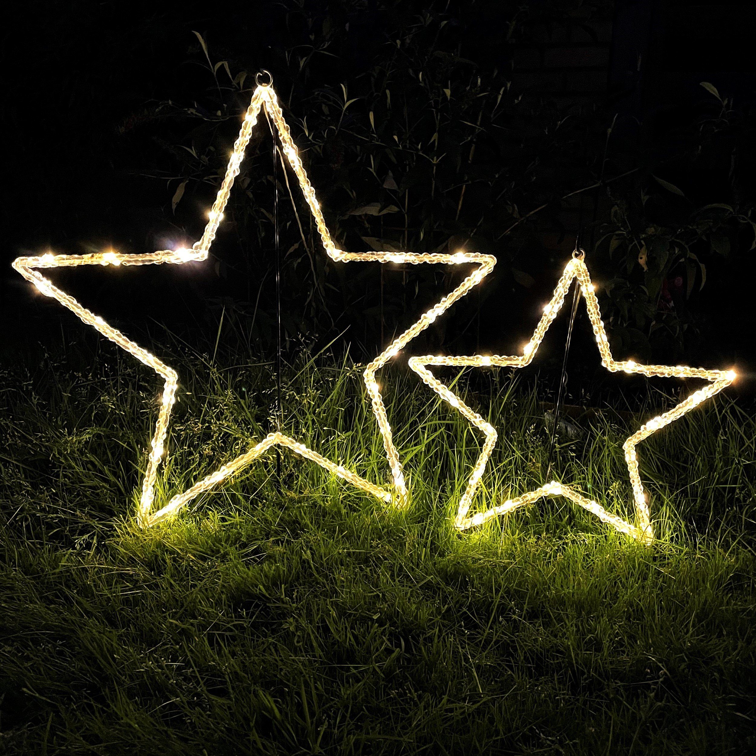 Online-Fuchs LED Dekolicht 2er Set LED Weihnachtssterne mit Folieneffekt - Outdoor geeignet, LED-Lichterkette mit Funkeleffekt, warmweiß, Leuchtsterne mit 6-Stunden Timer - Weihnachtsdeko