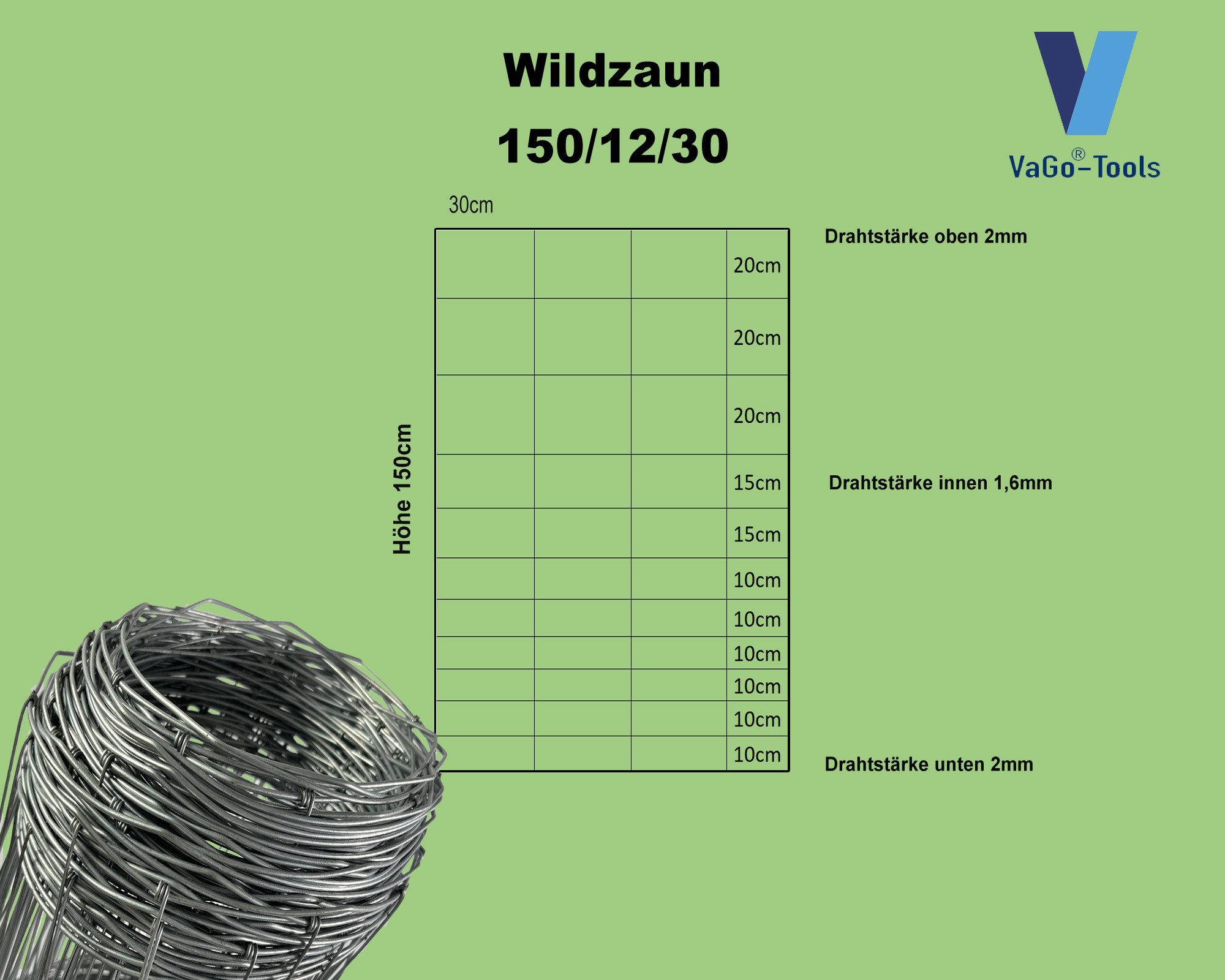 VaGo-Tools Wildzaun Wildzaun Drahtzaun Weidezaun 150/12/30 Zaun 50m