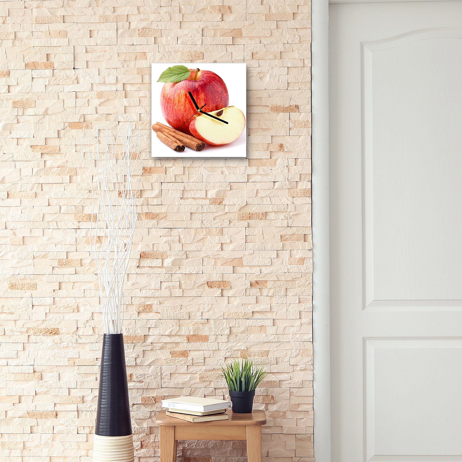 Apfel Wanduhr Primedeco Glasuhr Größe cm Wanduhr Motiv und mit Zimt Wandkunst 30 30 x