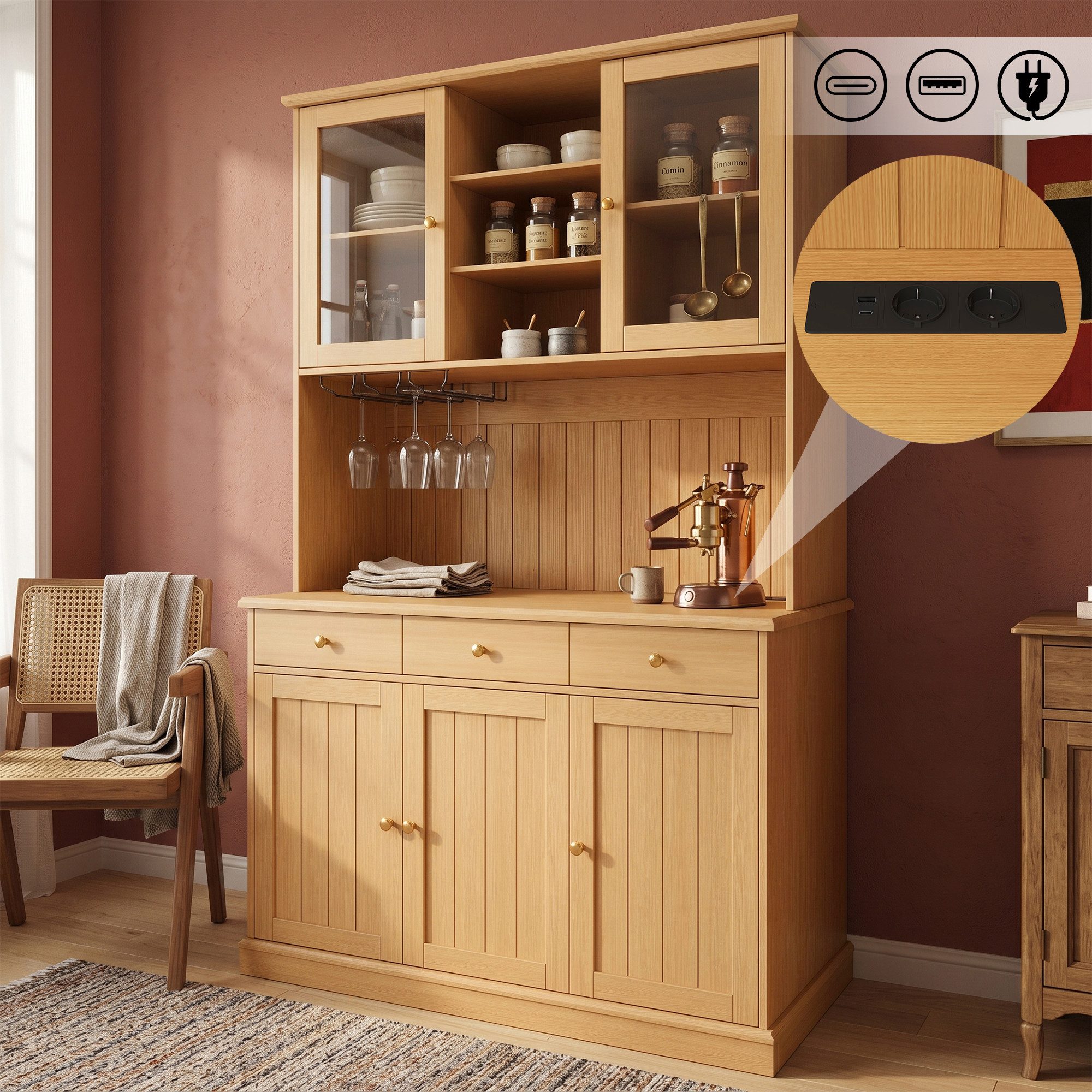 Flieks Küchenbuffet mit Steckdosen, Gläserhalter, Schubladen und Glastüren (Arbeitsplatte mit USB-C- und USB-A-Anschlüssen, 1-St., 120x40x191 cm) Hochschrank Küchenschrank Geschirrschrank mit verstellbarer Ablagen