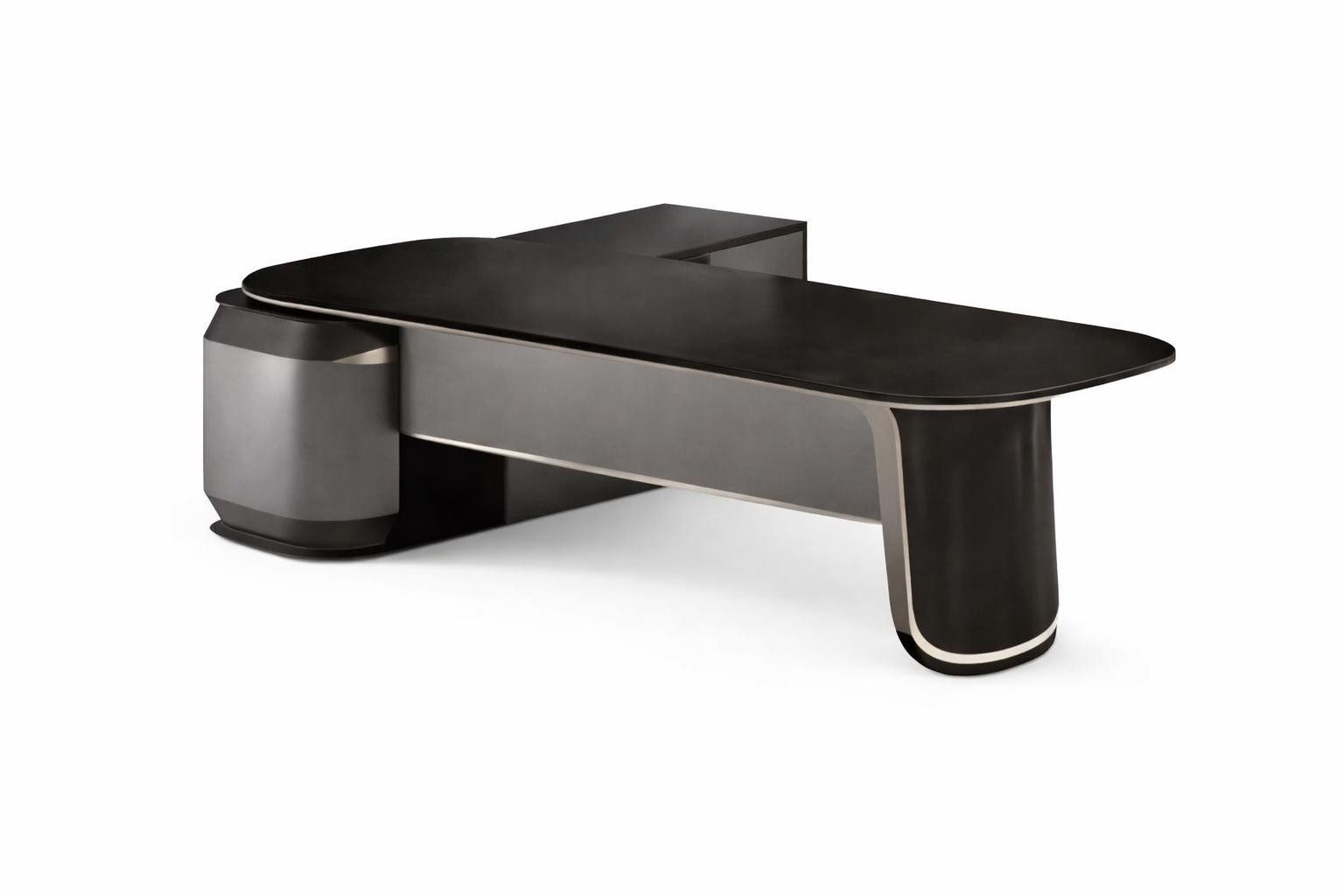 Xlmoebel Eckschreibtisch Schwarzer Chefschreibtisch mit Runddesign und Ablagefläche (Chefschreibtisch), Made in Europa