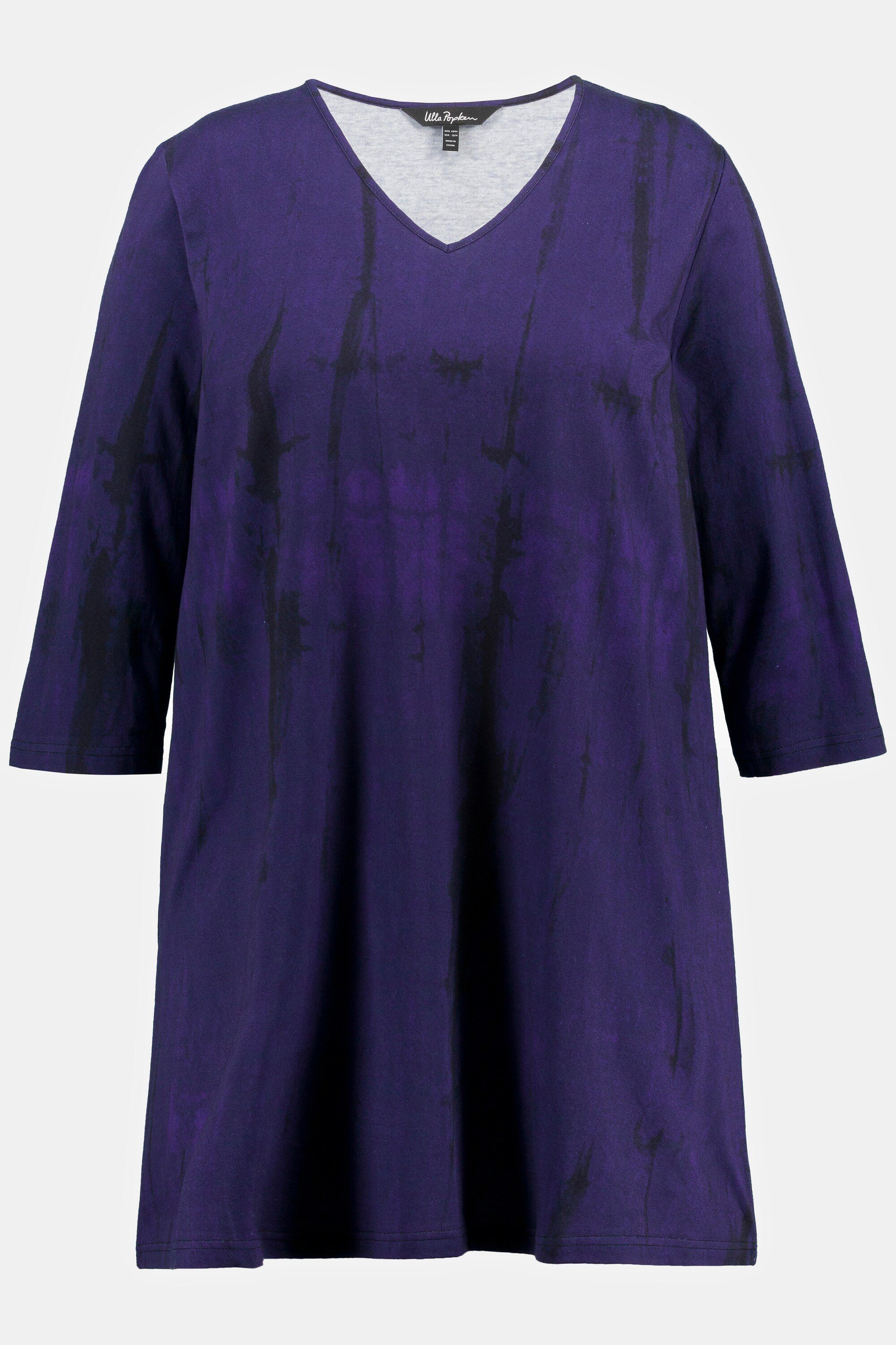 3/4-Arm lila Longshirt dunkles Popken Ulla V-Ausschnitt A-Linie Batikdruck Longshirt