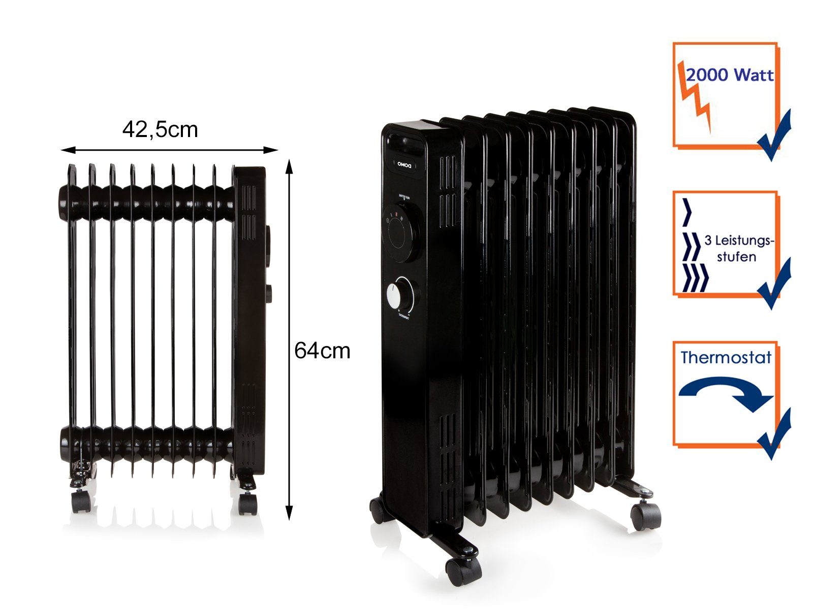 Domo Ölradiator, 2000 W, Elektro Heizkörper 9 Rippen mobile Elektroheizung leise Heizradiator
