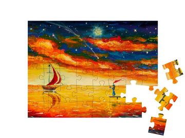 puzzleYOU Puzzle Mädchen auf Brücke, Segelschiff mit roten Segeln, 48 Puzzleteile, puzzleYOU-Kollektionen