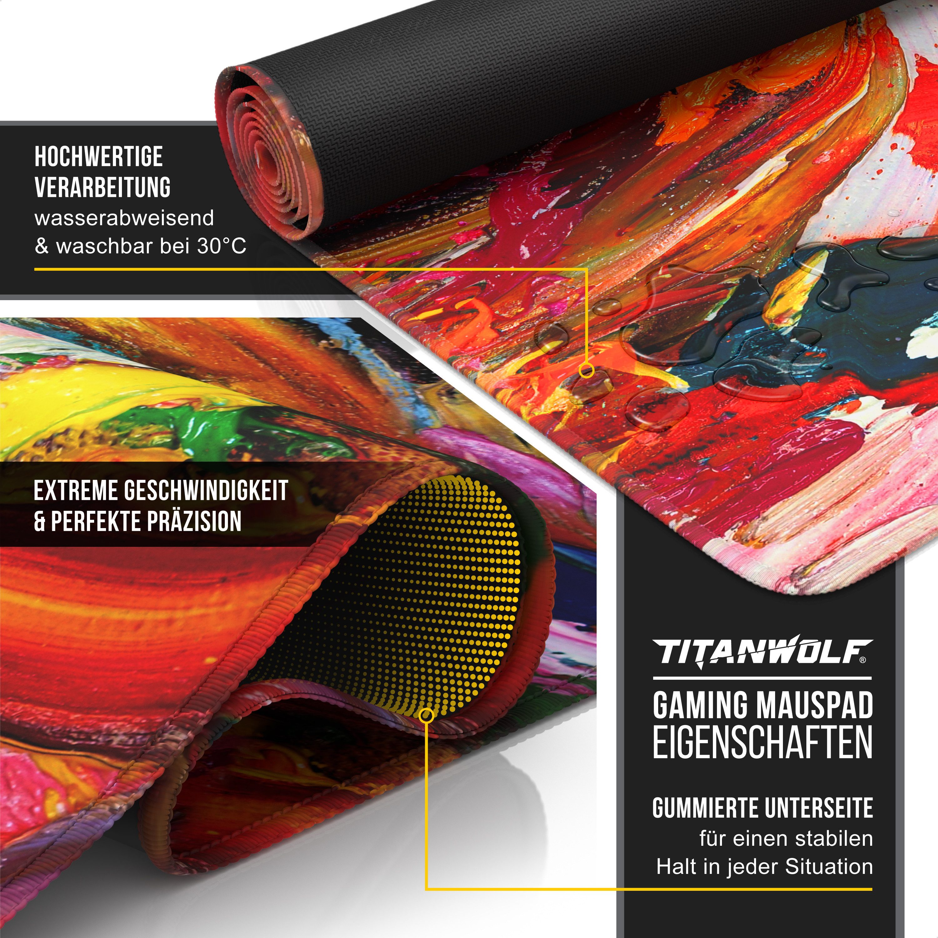 Titanwolf Gaming Mauspad XXL Speed Mousepad 900 x 400 x 3 mm, Schreibtischauflage, abwaschbar, rutschfeste Rückseite, Geschwindigkeit & Präzision, Oilpaint-Modern