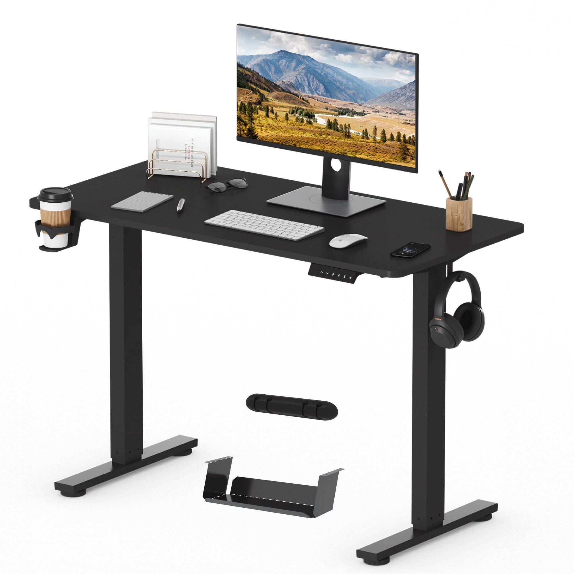 FLEXISPOT Schreibtisch Basic-Series Elektrisch höhenverstellbarer Schreibtisch (2- Fach-Teleskop, mit Haken, mit Aufbewahrungsbox, LED-Display), MAX. Load: 70kg, 100/120/140/160, MIT einteilige Tischplatte