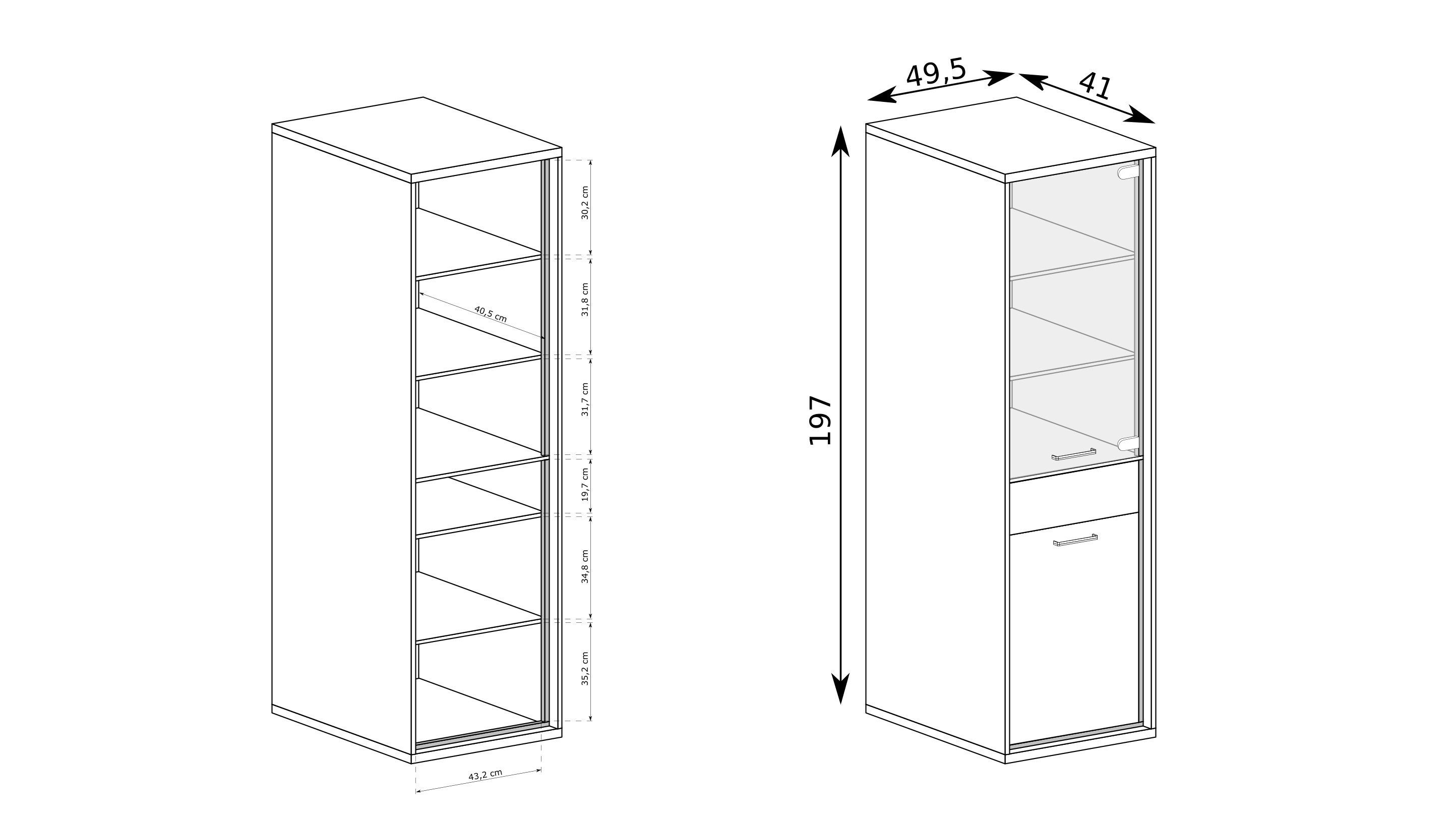 Masseno Glasvitrine SYNDRA 197 x 49,5 cm Vitrine Vitrinenschrank mit 1 Türen Eichefarben