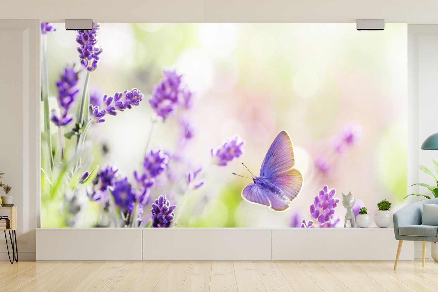 MuchoWow Fototapete Lavendel - Schmetterling Blumen bedruckt, St), - Schlafzimmer (7 Natur, Vliestapete - Wohnzimmer Küche, Fototapete für Matt