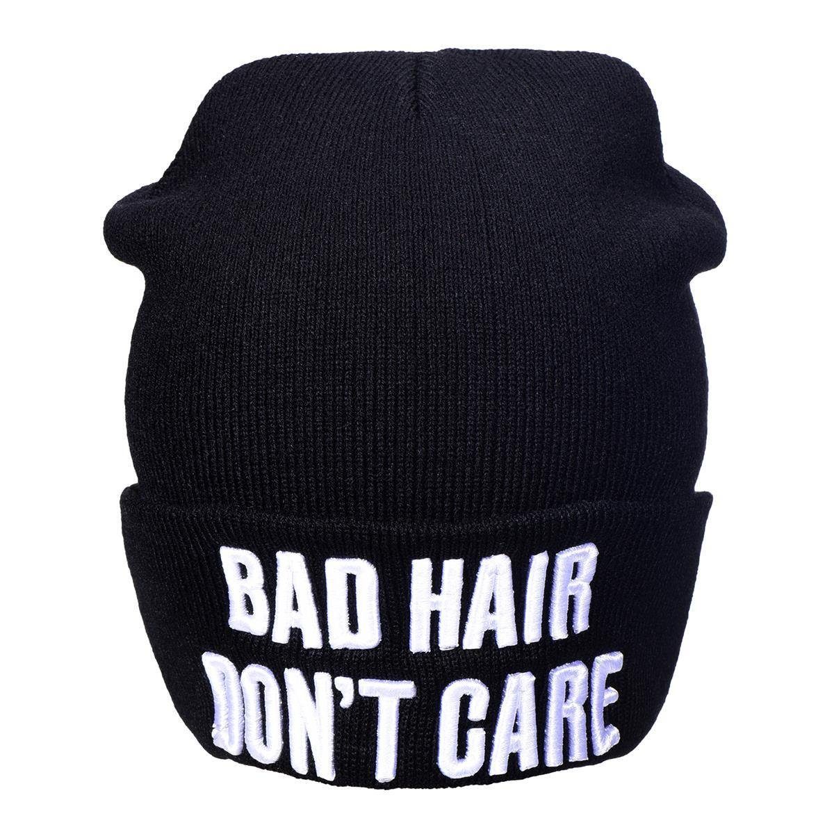 stylische - HAIR "BAD DON'T Strickmütze schwarz Winter Wintermütze, (Packung, coolem Herren Beanie mit Beanie Statement-Print, CARE" mit DonDon 1-St) Krempe