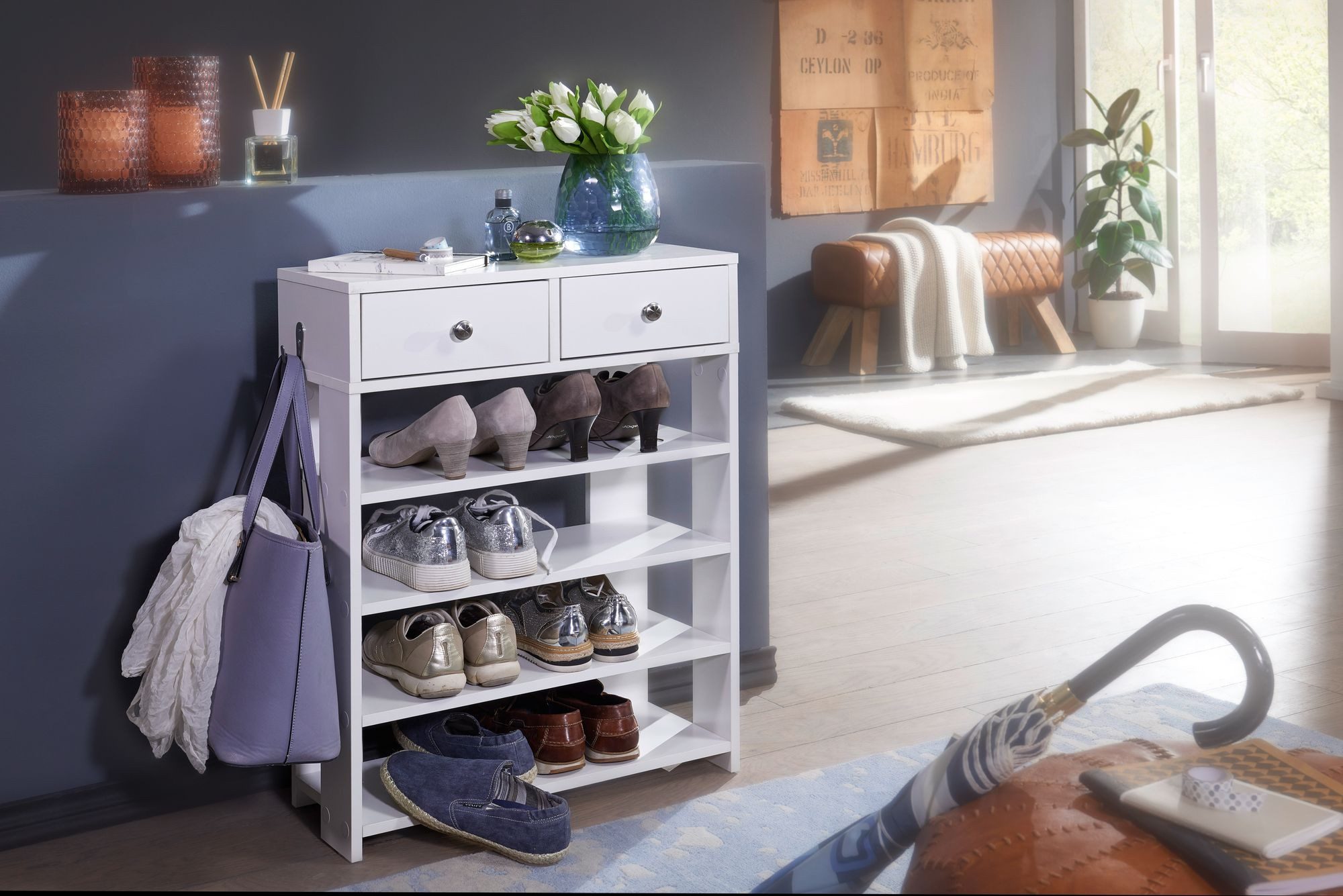 FINEBUY Schuhregal FB54437 60cm mit 2 Schubladen und 4 Fächer Standregal We günstig online kaufen