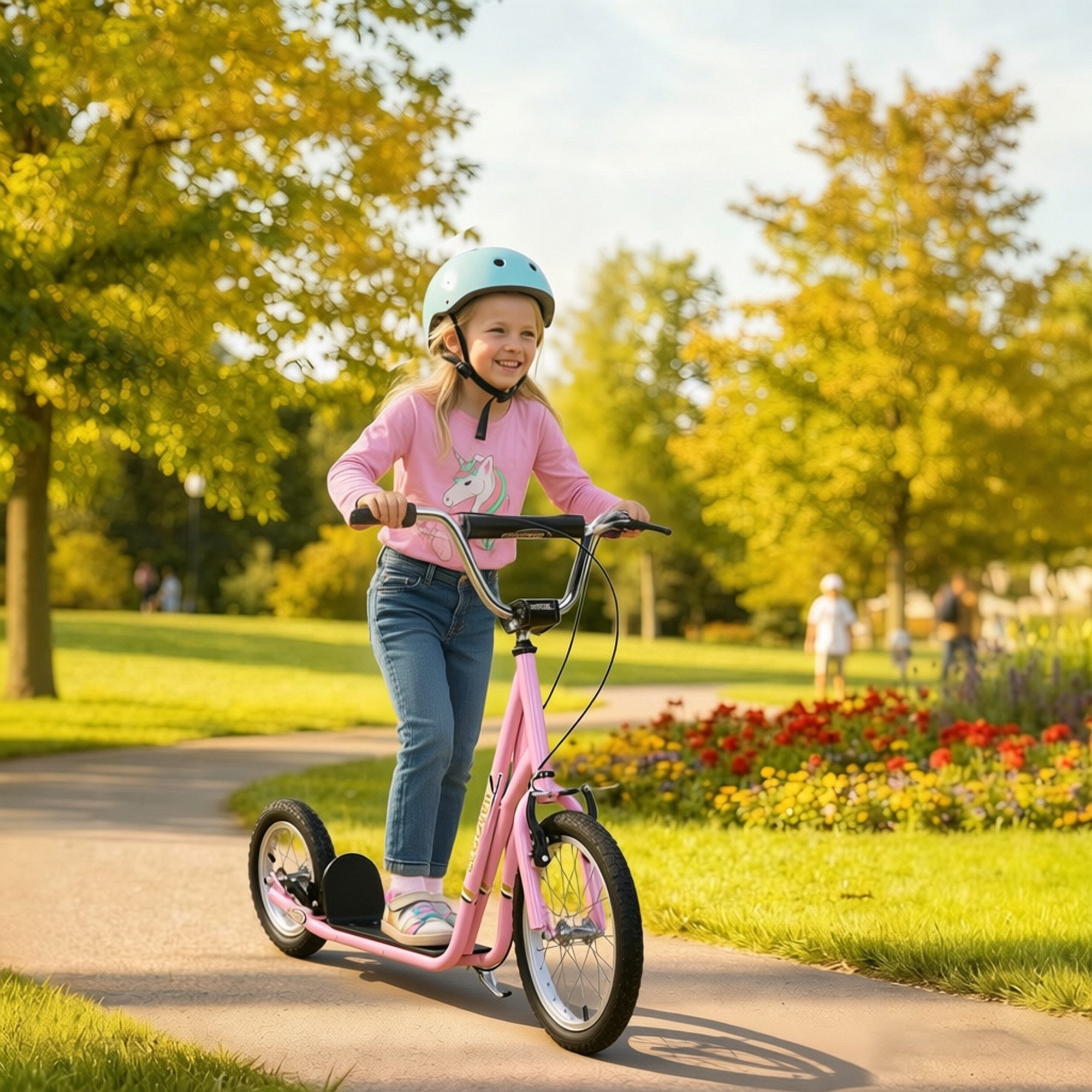 HOMCOM Cityroller Roller Kinderroller mit Luftreifen Handbremse, 16 Zoll Tretroller, 0 km/h, (Tretroller, 1 tlg., Kinderroller), für Außenbereich, Rosa
