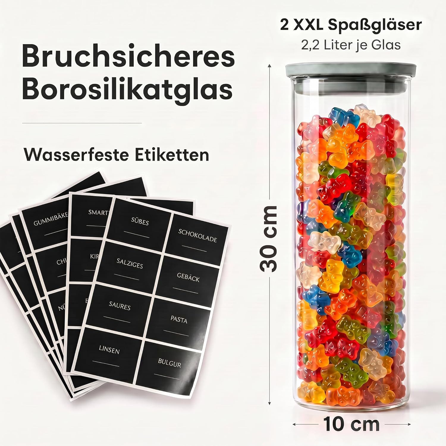 Lemontree Vorratsglas Spaßglas mit Deckel groß (2x 2,2 Liter) - XXL Spass Glas Süßigkeiten, Glas, Bruchsichere & luftdichte Vorratsgläser mit transparenten Glasdeckel