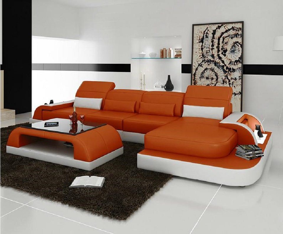 Ecke Ecksofa Ledersofa Wohnlandschaft Orange/Weiß Sofa Modern Wohnzimmer-Set JVmoebel Couchtisch + Couch