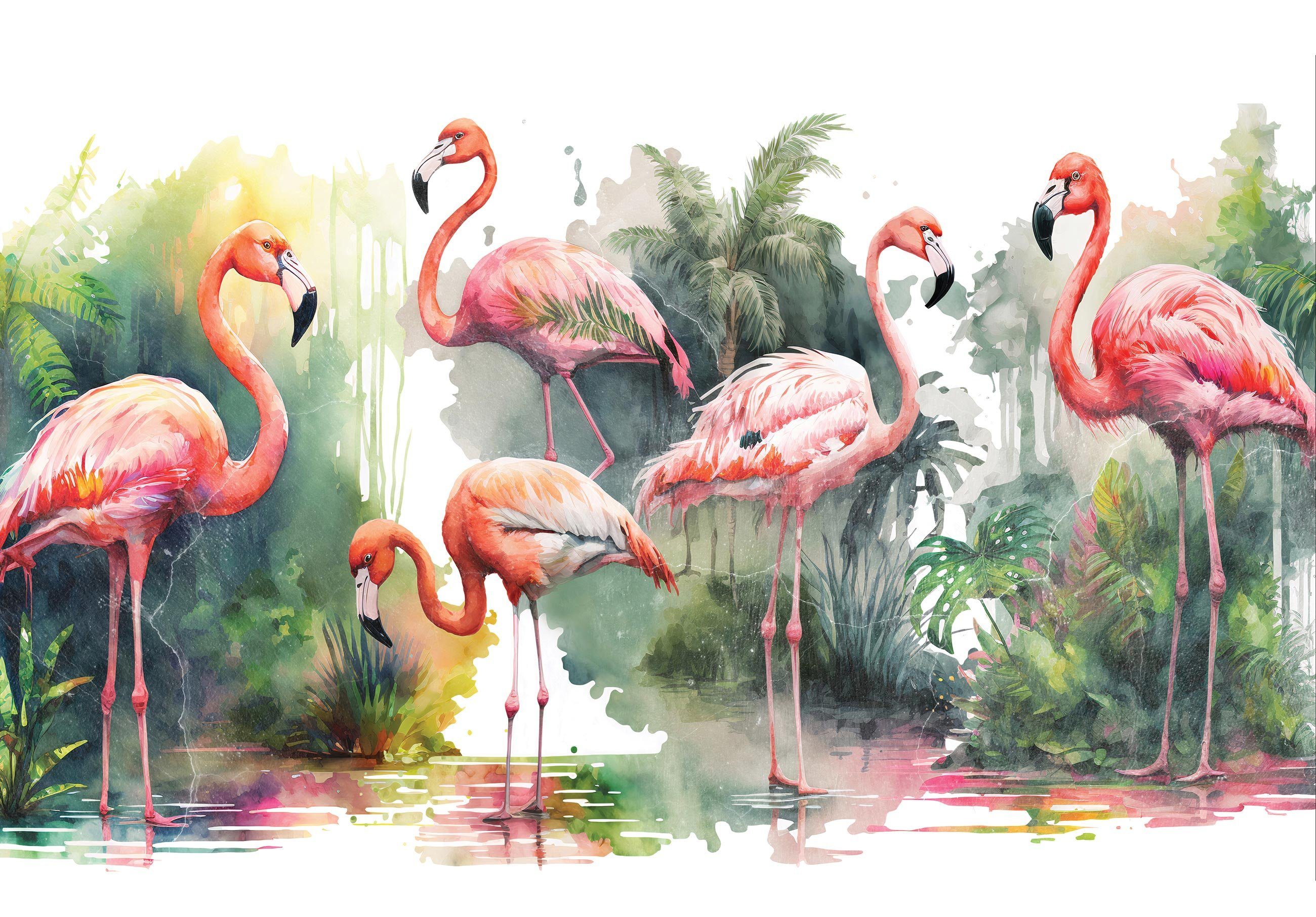 Wallarena Fototapete Flamingo Dschungel inklusive Vögel, Kleister Vliestapete Glatt, Wandtapete, Tropisch, Vlies Tapete Wohnzimmer Schlafzimmer
