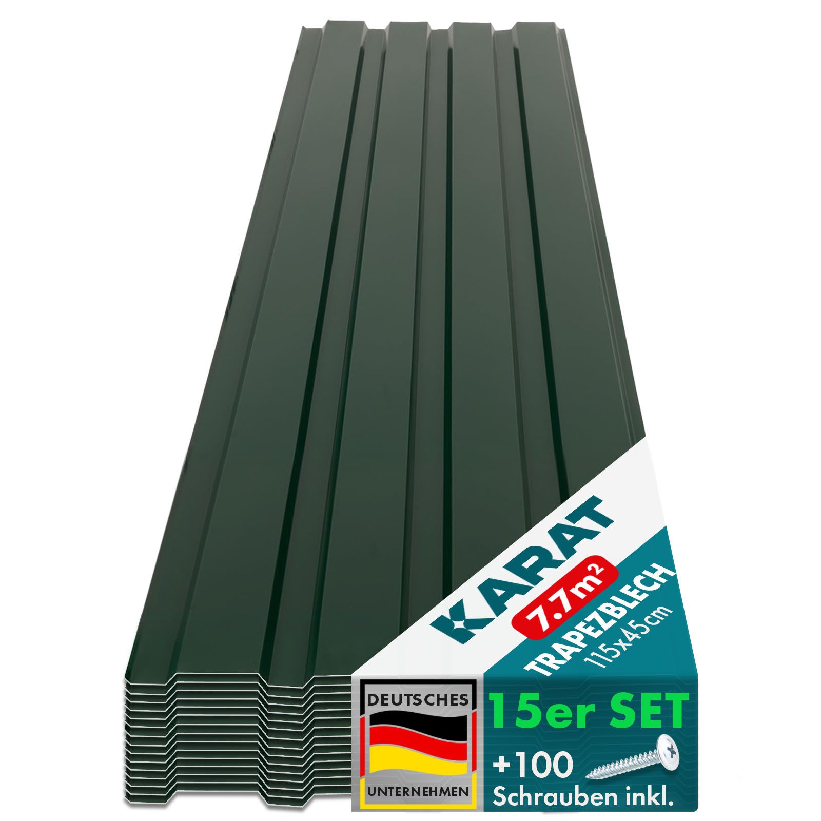 Karat Trapezblech Dachblech 7,7m² inkl Schrauben, Wandblech verzinkt, Profilblech, Blech verzinkt, 1150x450x0,25 mm (Spar-Set 15-St. 115x45 cm) wetterfest für Carport & Gartenhaus, verschiedene Farben