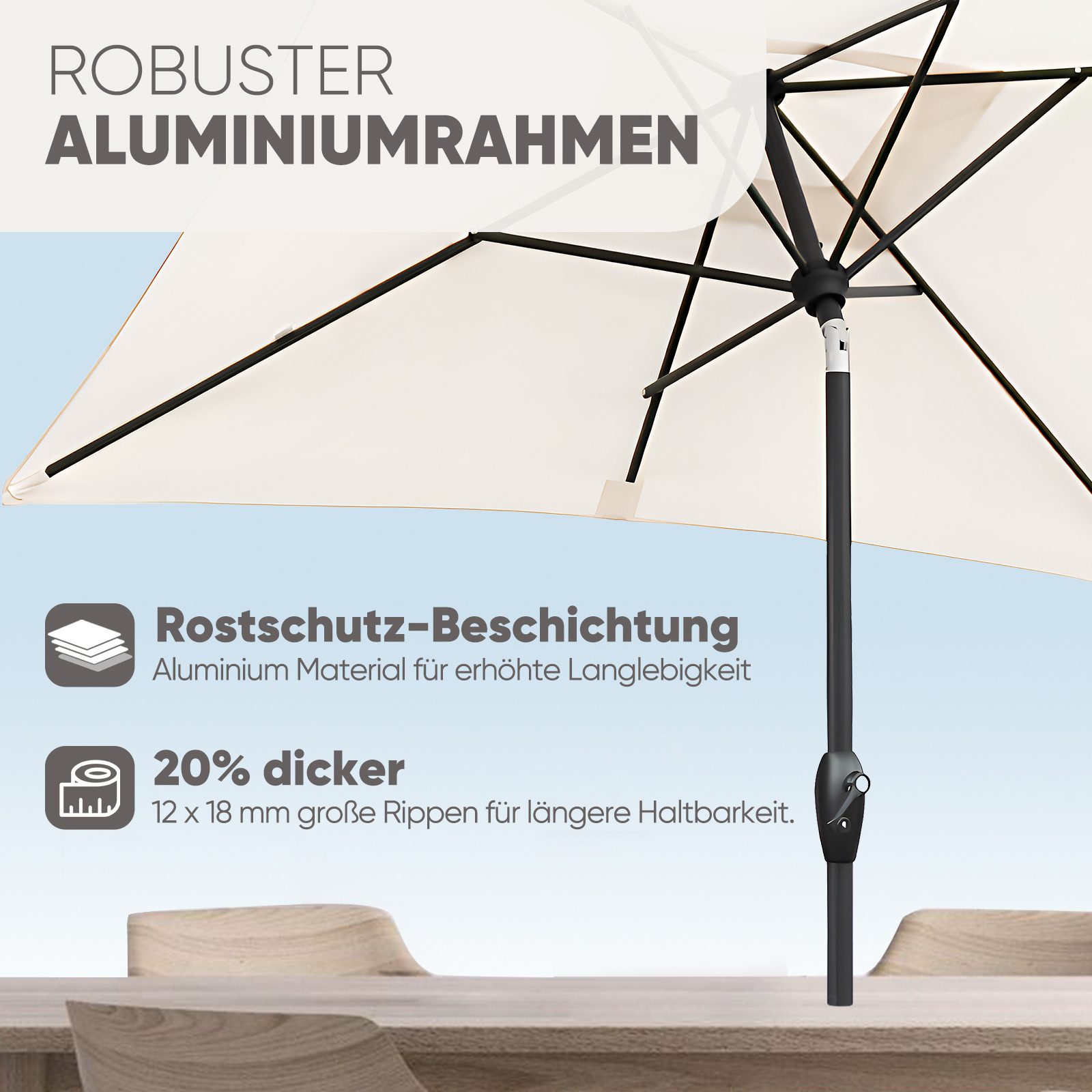 Sekey Sonnenschirm 210 x 140 cm Aluminum Sonnenschirm Rechteckig Marktschirm mit Kurbel, LxB: 210,00x140,00 cm, mit/ohne LED-Lichtern, Sonnenschutz UV50+, Gartenschirm Knickbar