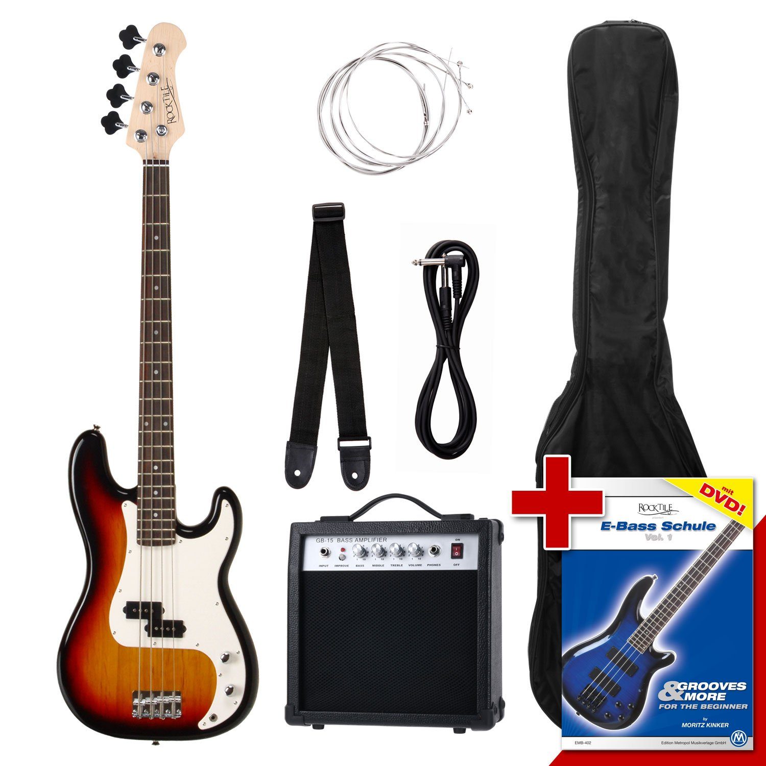 Rocktile E-Bass Groover's Pack Elektrobass, P-Style, Komplettset, inkl. Verstärker, Tasche, Kabel, Gurt, Ersatzsaiten und Schule, Precision-Style - 1 Split-Coil Tonabnehmer