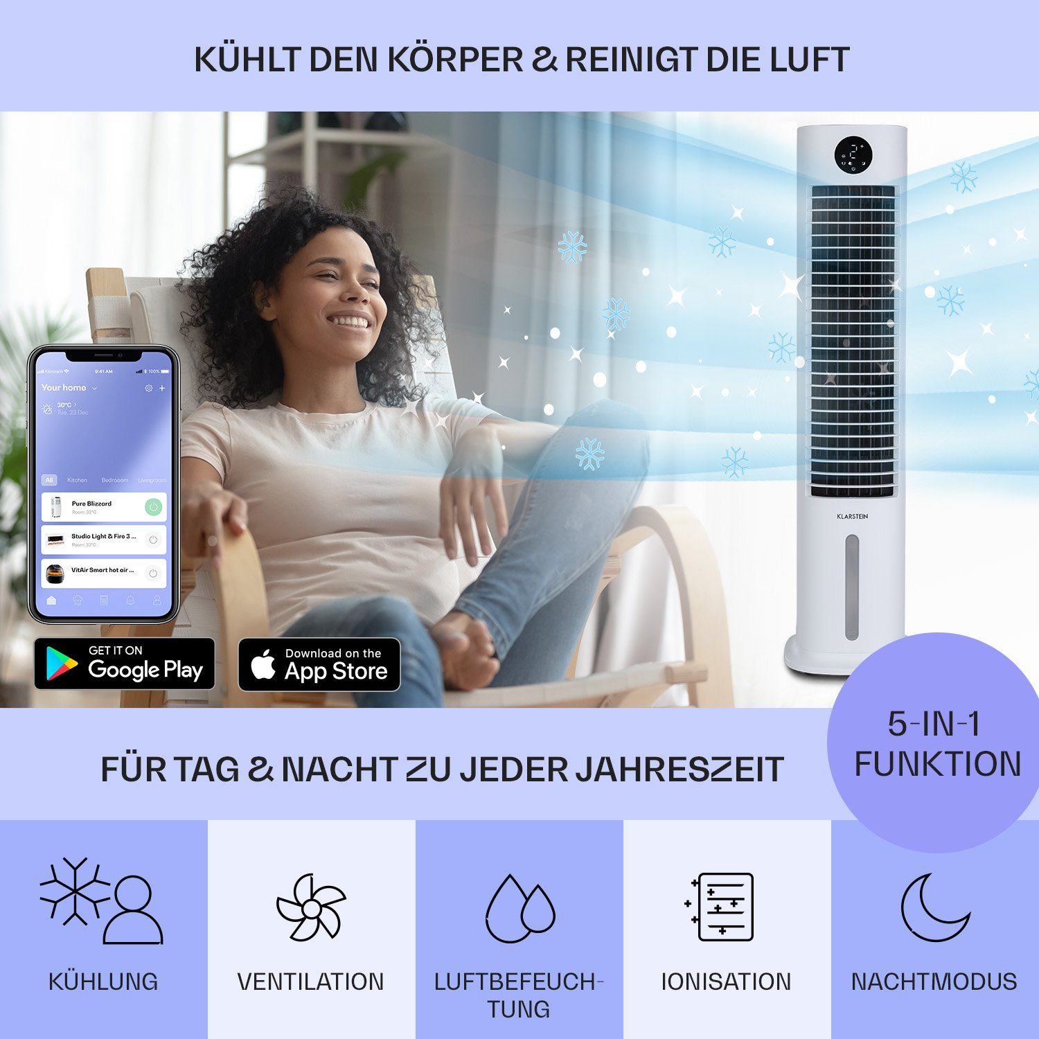 mobil mit Klarstein Skytower Grand Smart Klimagerät Ventilatorkombigerät ohne Wasserkühlung Luftkühler, Eis Abluftschlauch &