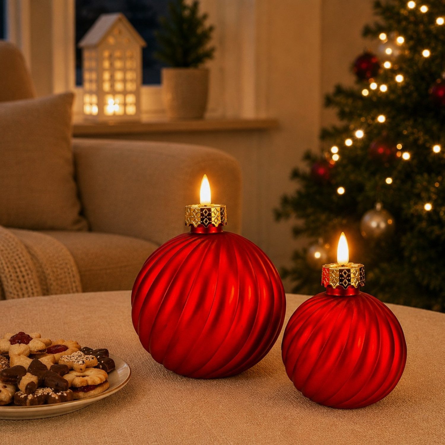 Online-Fuchs LED-Kerze in edler Weihnachtskugelform mit Timer, Bordeaux Rot - Weihnachtsdeko, realistische Kerzenflamme, warmweiße Beleuchtung, gefertigt aus stabilem Glas mit festlicher Eleganz