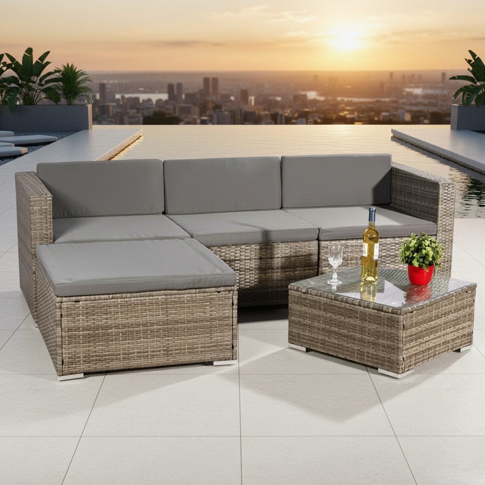 Mucola Gartenlounge-Set Polyrattan Lounge 5tlg. Gartengarnitur Sitzgruppe Sitzgarnitur Sofa, (Set, 5-tlg., Möbelset), Schraub-Ausgleich-Standfüße