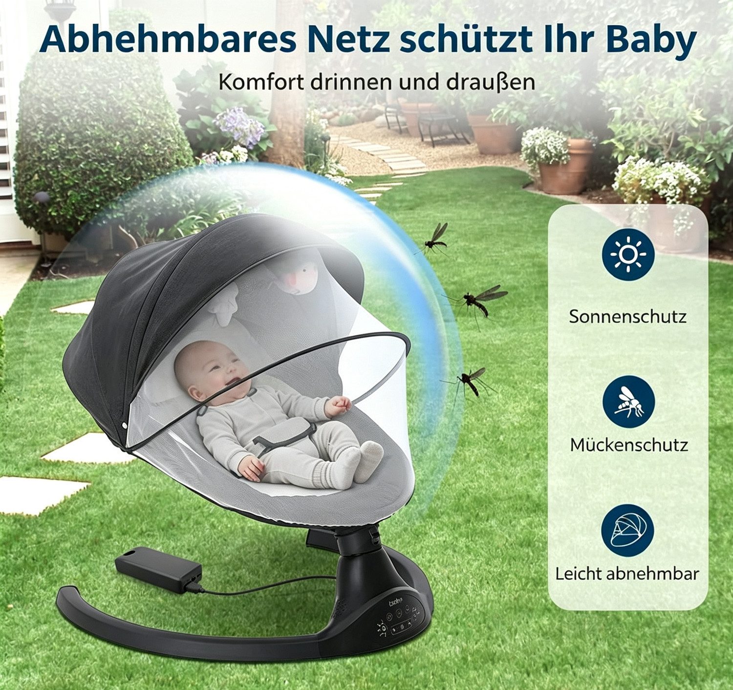 AUDEW Babywippe elektrisch Babyschaukel 5 Gang Schaukelstuhl, mit Fernbedienung, bluetooth Musik, Moskitonetz und 2 x Spielzeug – Bild 4 von 5