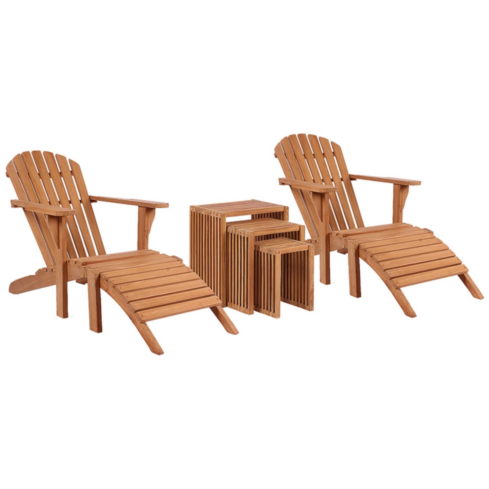 MR.DEKO Gartenliege Montreal Teak Deckchair 2 Liegen & 3er Beistelltisch, 5-teiliges Gartenmöbel Komplettset aus Holz für 2 Personen, 1x Beistelltische 3er Set, 2x Gartensessel Adirondack Montreal, Massives Teakholz 2 Relaxsessel mit Fußhocker & 3 Tische wetterfest