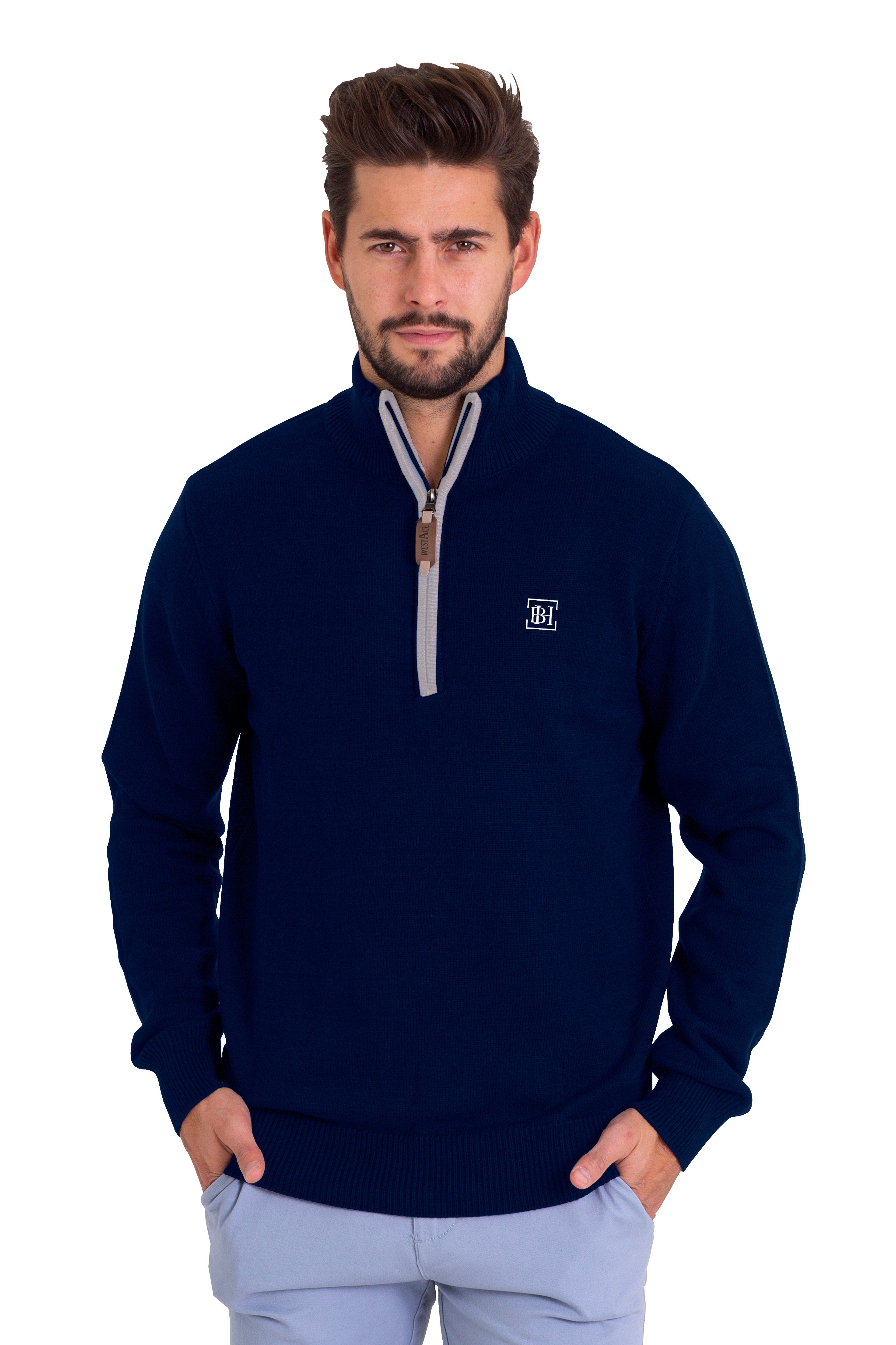 Regular Jumper Herren Sweater Long Fit Troyer Pullover Sleeve Baumwoll Navy Strickpullover BlauerHafen