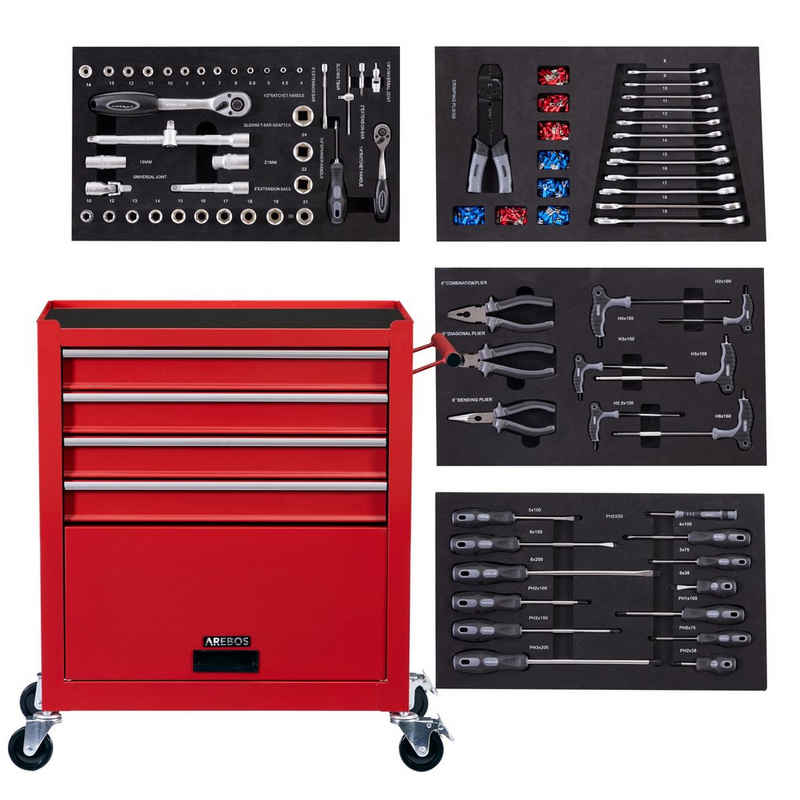 Arebos Werkstattwagen Rollwagen Werkzeugkiste Toolbox, mit Werkzeug, 81-tlg. Werkzeugset, (Komplett-Set)