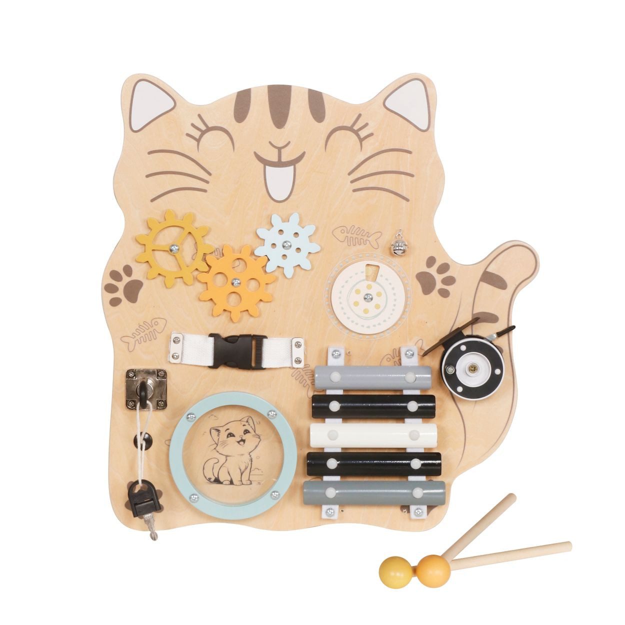 Moni Lernspielzeug Lernboard Katze W12D558 Holz, Holz, Xylofon, Zahnräder, Schlösser, Verschlüsse