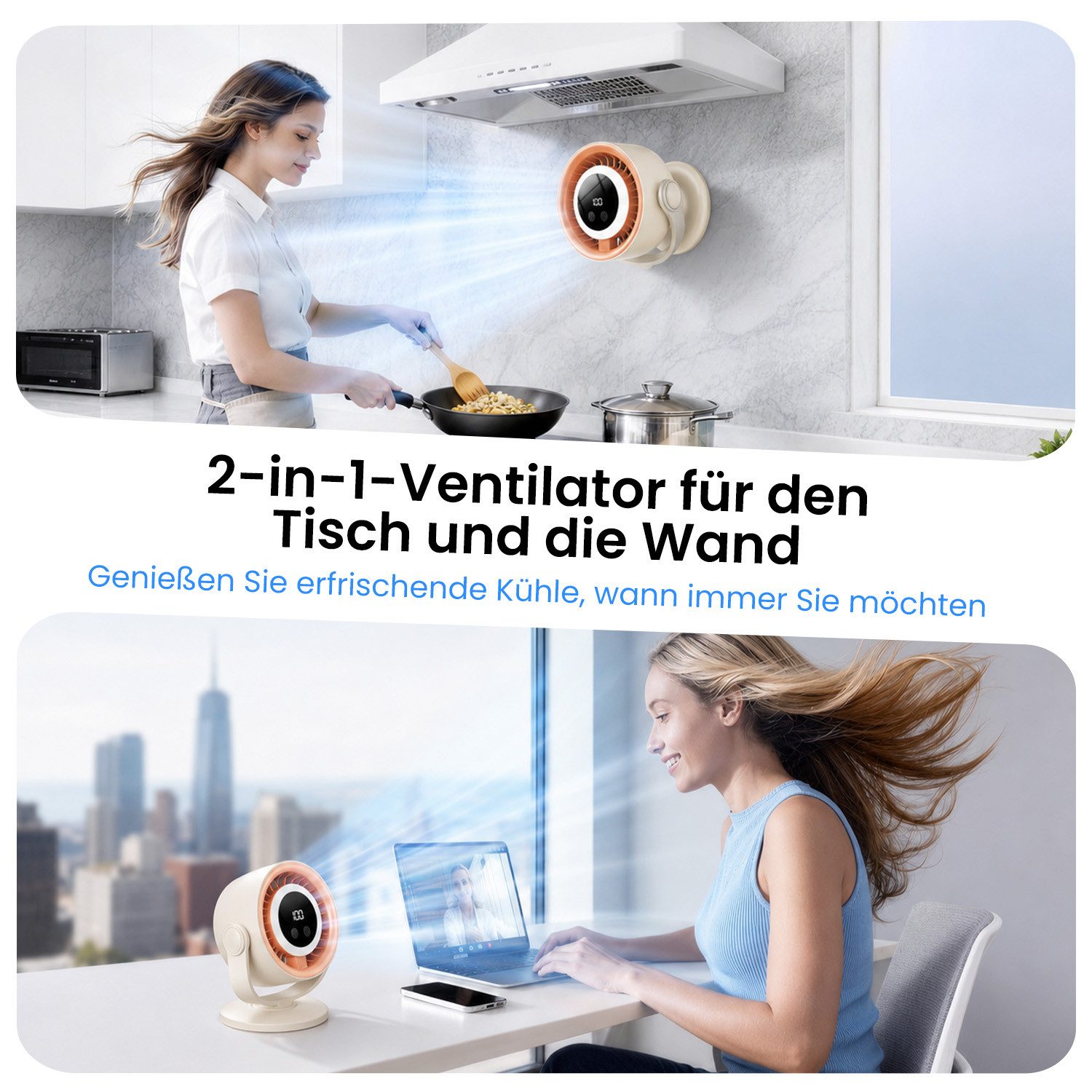 MOPUEA Tischventilator Akku Tischventilator Schwenkbar Mit LED Anzeige, Tragbar, schwenkbar, mehrere Geschwindigkeitsstufen, verstellbarer