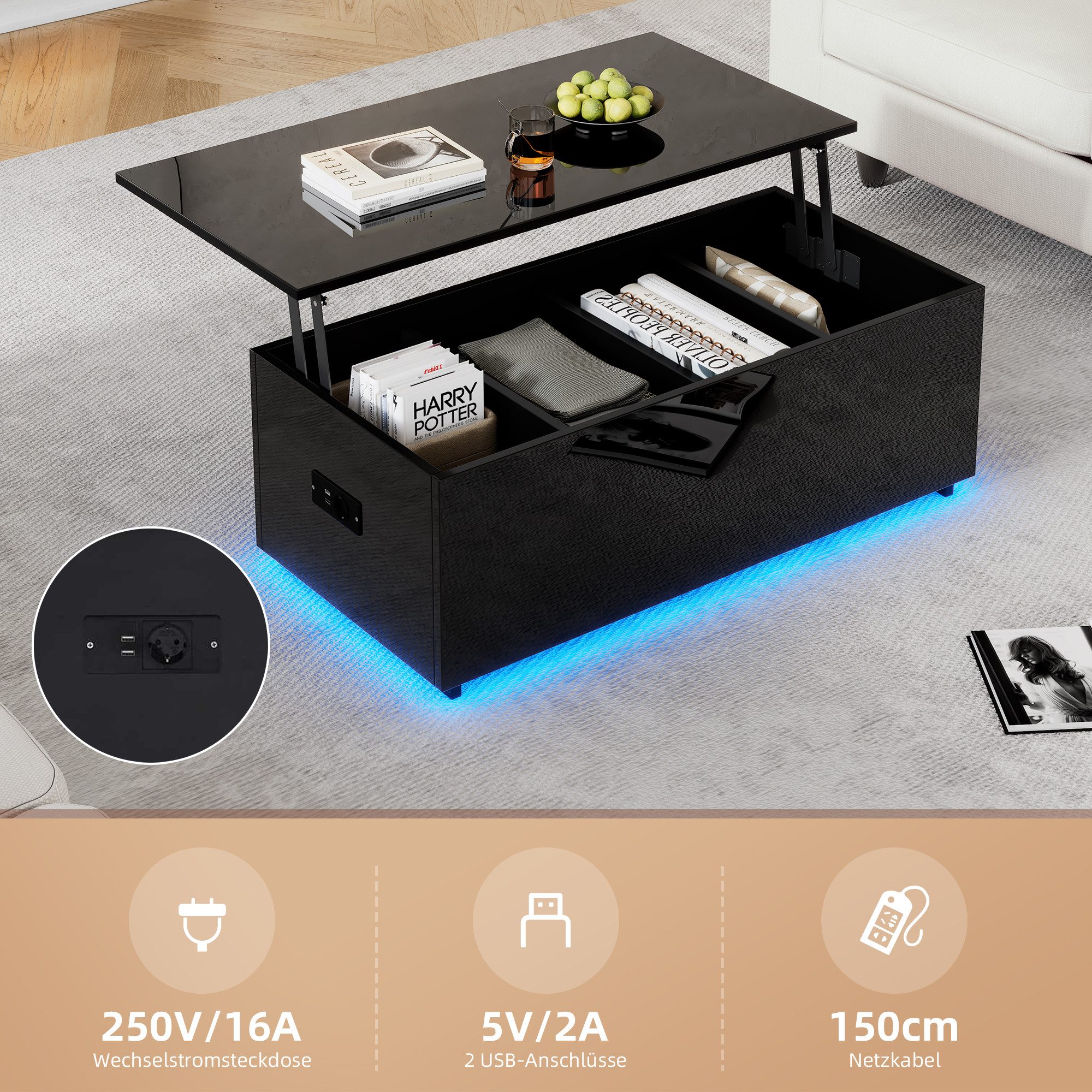 Merax Couchtisch Hochglanz mit LED-Beleuchtung (1-St., Satztisch Beistelltisch Kaffeetisch, 100x50x35 cm), Wohnzimmertisch mit hydraulischem Hub & verstecktem Stauraum