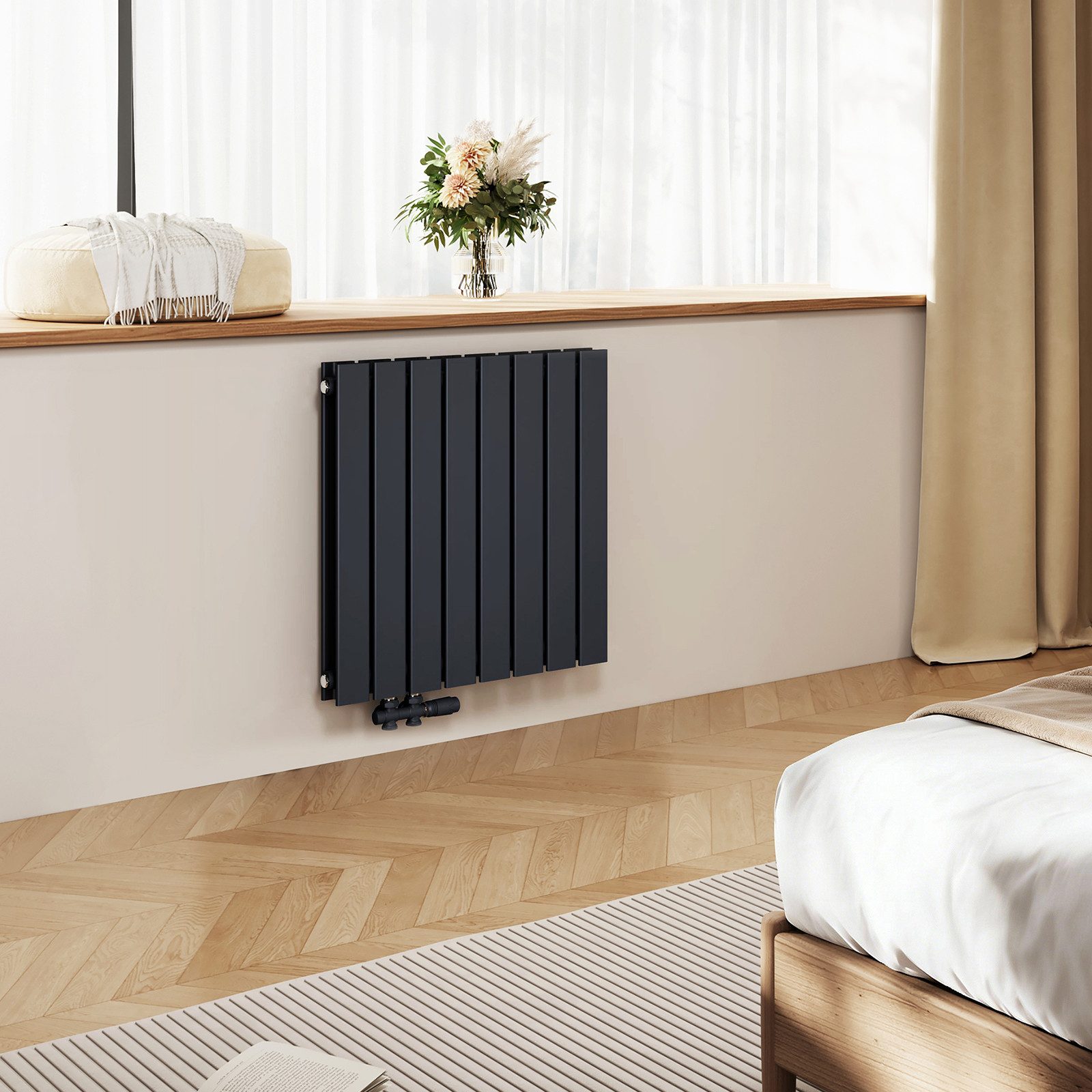 EMKE Heizkörper Doppellagig Flach Horizontal Design Paneelheizkörper, Seitenanschluss Anthrazit 805W für 7qm Raum