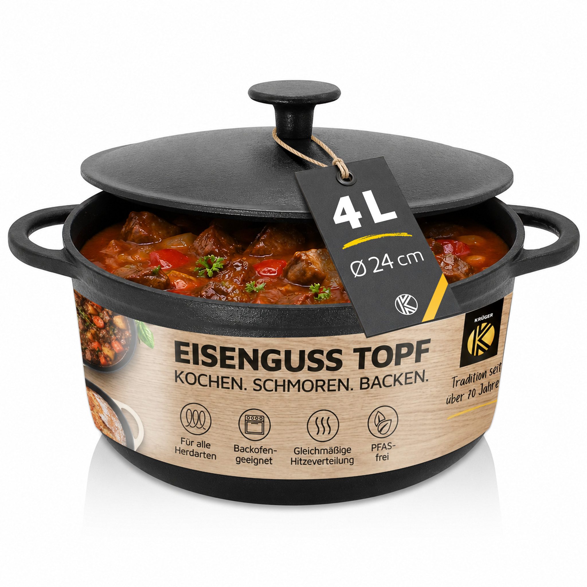 Krüger Fleischtopf Eisenguss Fleischtopf mit Deckel RUSTICA, Gusseisen (1-tlg), für Induktions-Kochfelder geeignet