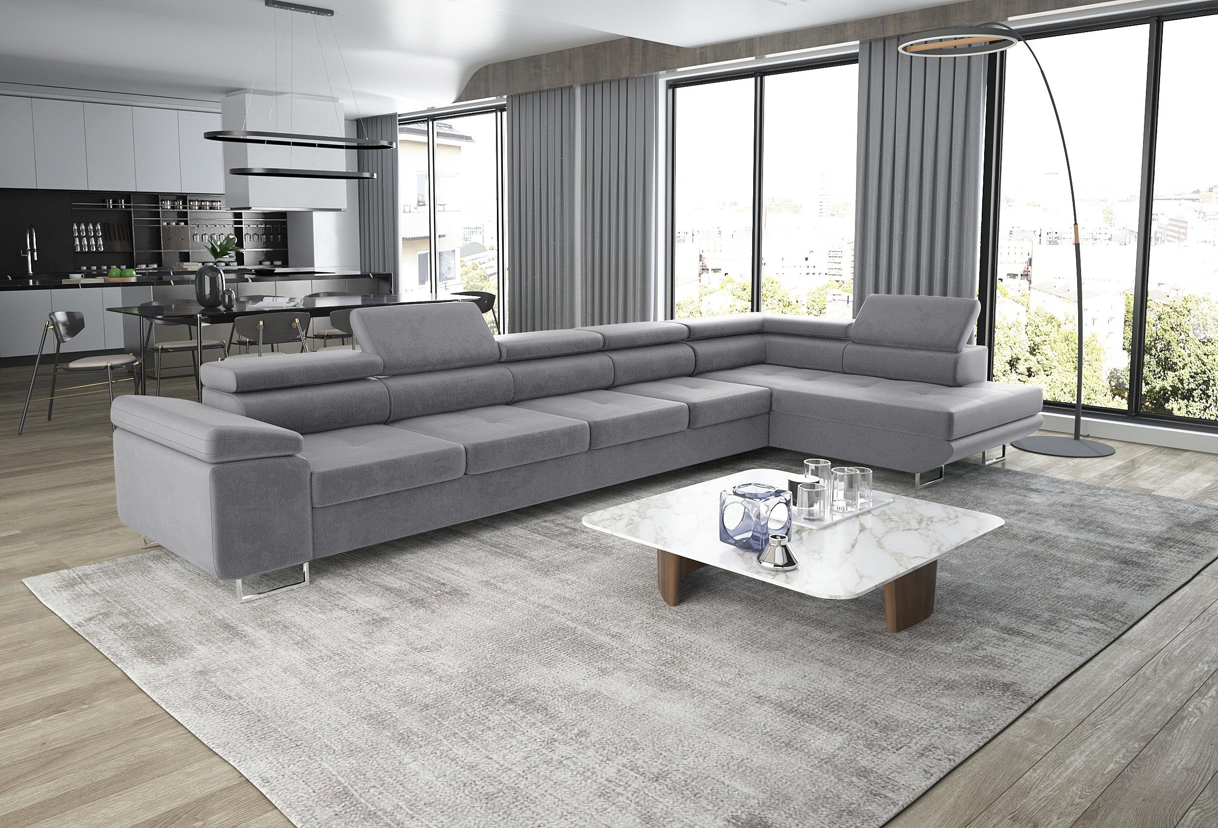 thematys Ecksofa ASTON MAXI 405 x 203cm mit Schlaffunktion & Bettkasten –, L-Sofa mit 5 verstellbaren Kopfstützen, Samt (Monolith), Cord (Poso) - L-Form, XL-Wohnlandschaft, 405 cm breit