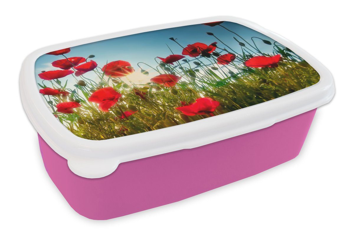 Snackbox, Sonne Mädchen, Toskana Rot Erwachsene, Brotbox - (2-tlg), Blau, rosa - Kunststoff, Brotdose Mohnblumen MuchoWow - Kunststoff - für Kinder, Lunchbox