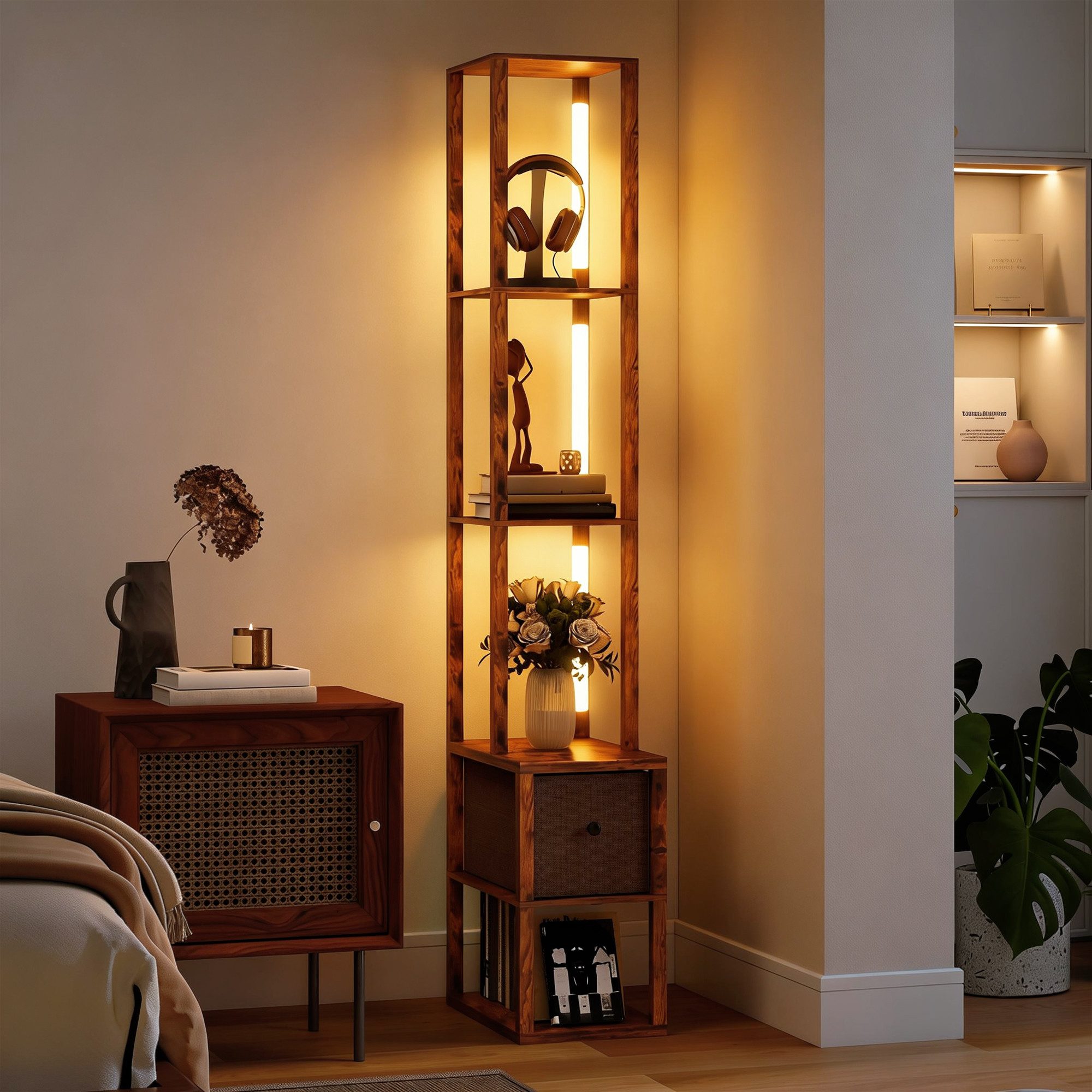 HOMCOM Stehlampe Wohnzimmer Standleuchte mit Fußschalter, für Büro, Rustikal-Braun, Dimmfunktion, LED fest integriert, Warmweiß, 3-in-1 LED Stehlampe mit Ablagen und Schublade