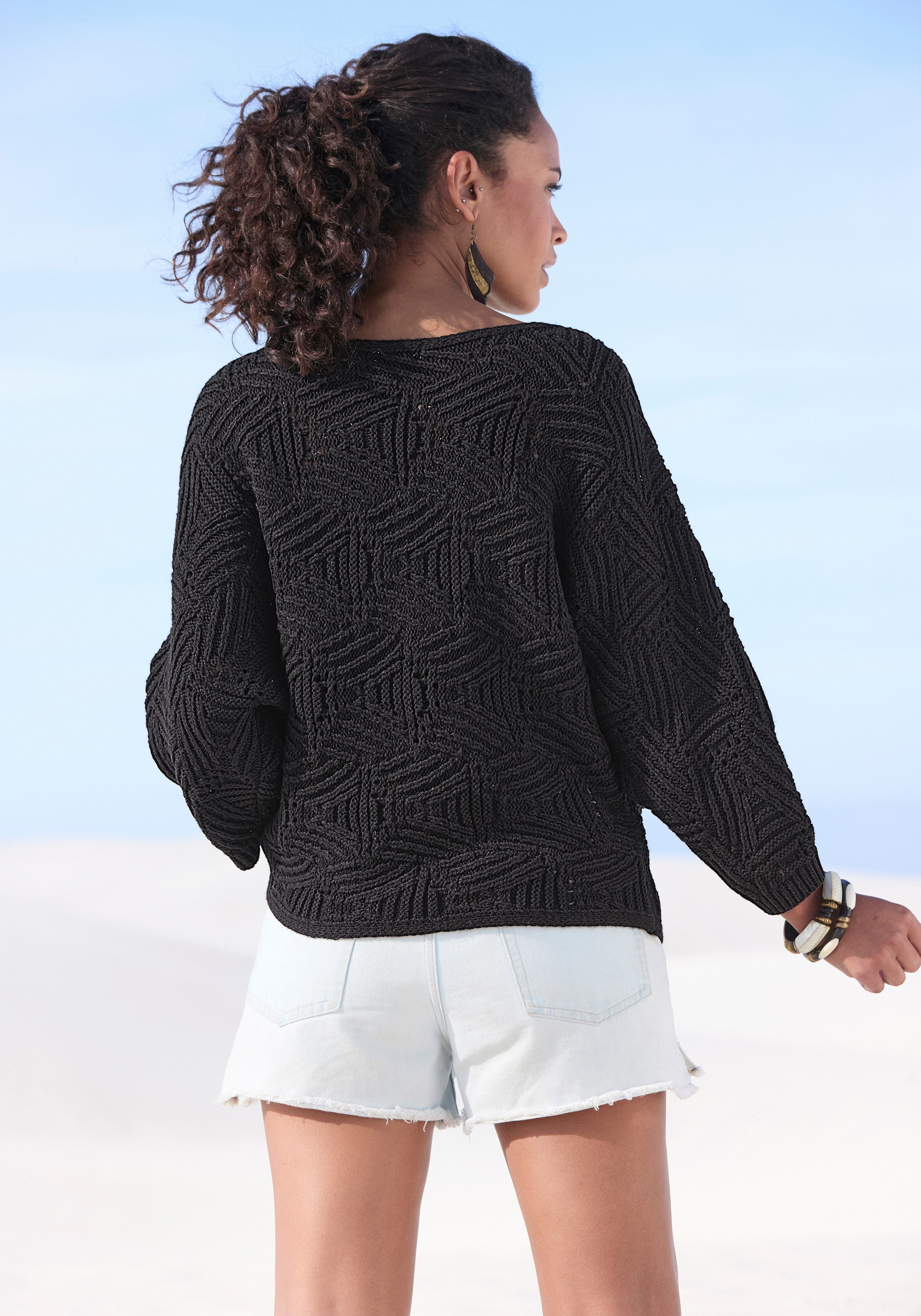 LASCANA Fledermauspullover mit aufwendigem Strickmuster, Lochstrickmuster modischer Ajourpullover, Oversize-Pullover, Strickpullover, Frühling