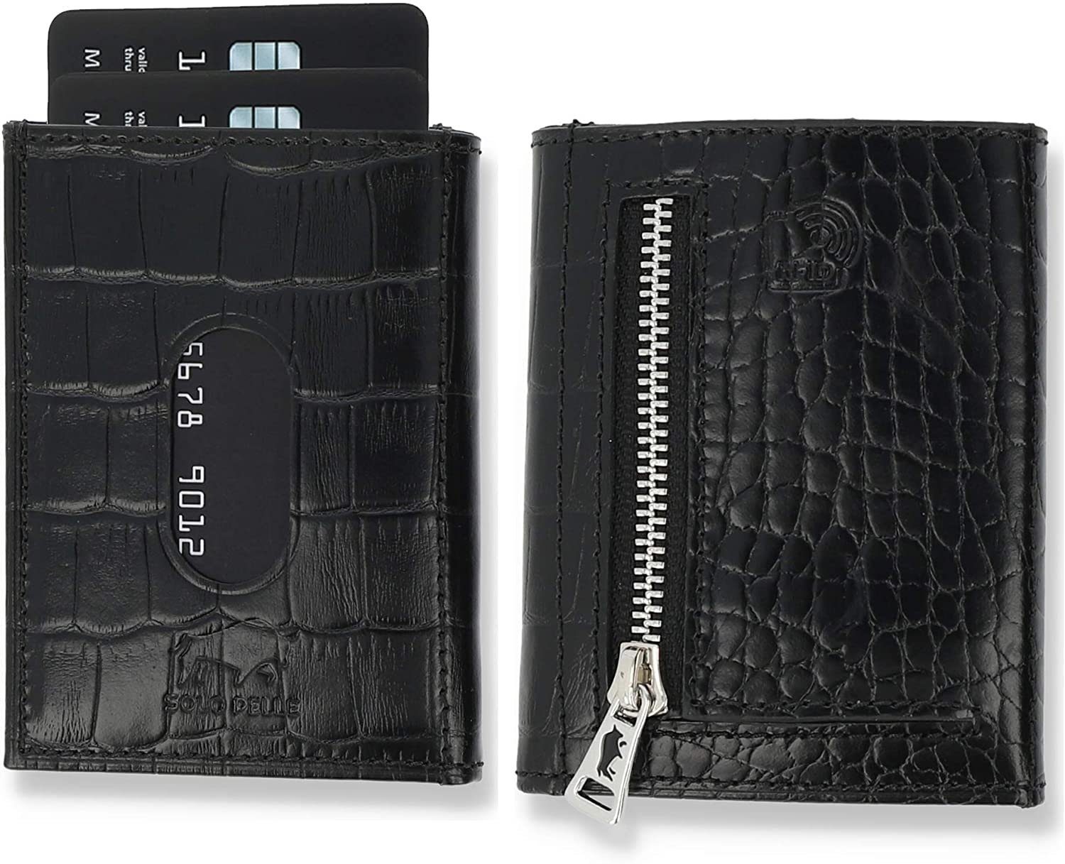 Solo Pelle Brieftasche Slim Wallet mit Münzfach [12 Karten] Slimwallet Riga [RFID-Schutz], echt Leder, RFID Schutz, Macde in Europe Krokoprägung