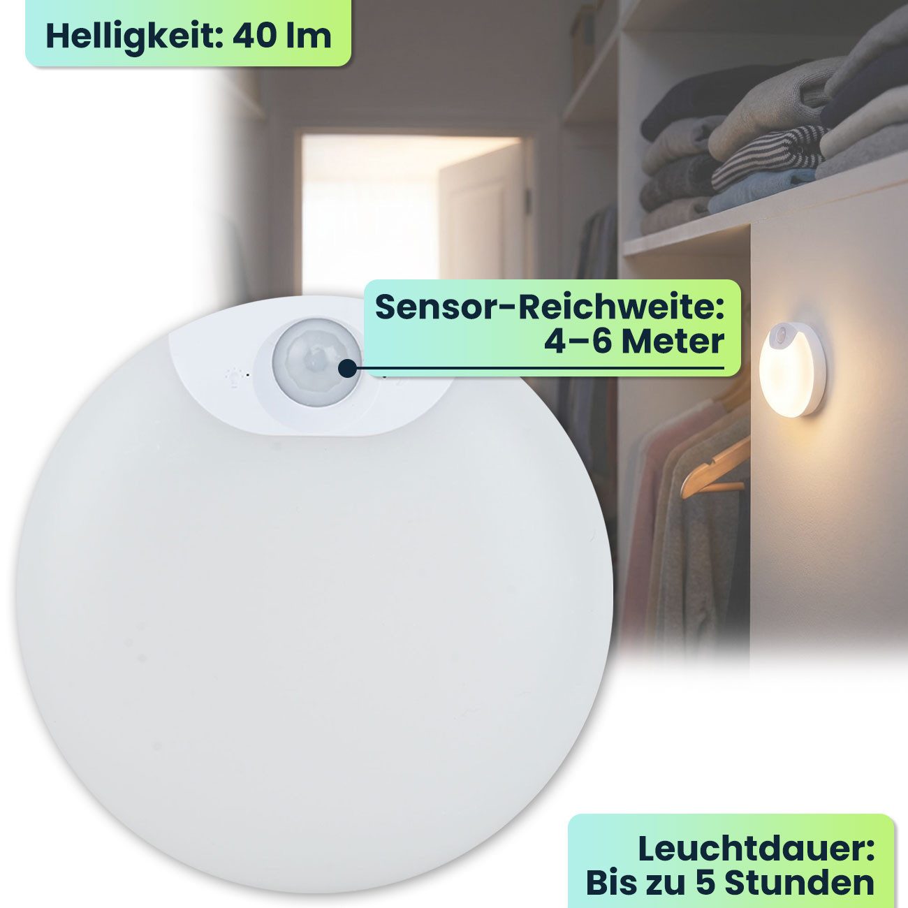shop'n smile ideoon Schrankleuchte LED Schrankleuchte Bewegungssensor Nachtlicht magnetisch & kabellos, LED fest integriert, Schranklicht Ø8cm, Sensor-Reichweite 4–6m, Magnet-Klebemontage