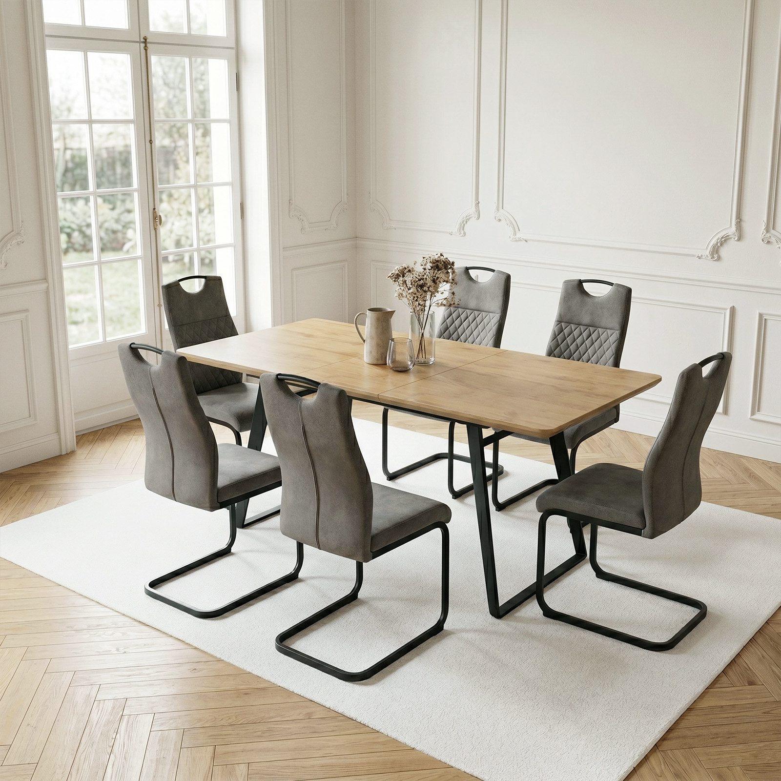 Jiexi Essgruppe Essgruppe ausziehbar Eiche-Optik MDF Tisch mit Freischwinger