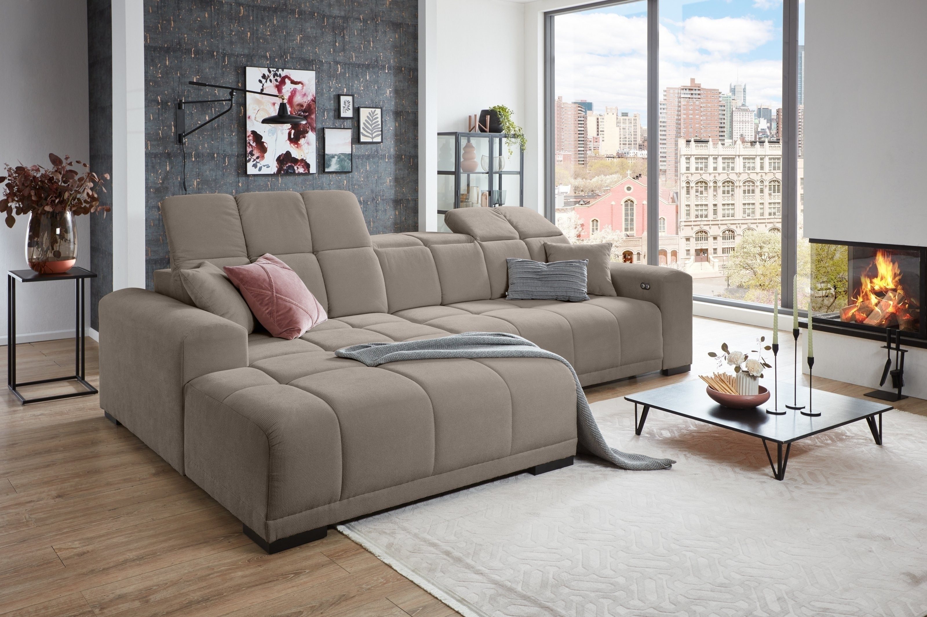 Iwaniccy Wohnlandschaft Kopfteilverstellung, 2 Kissen, taupe - 301x113x195cm (BxHxT)