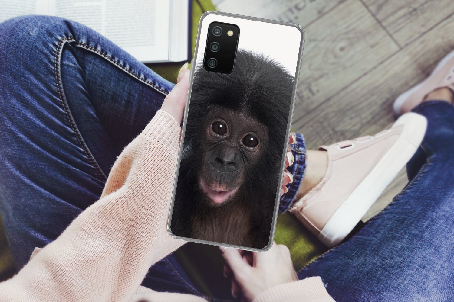 MuchoWow Handyhülle für Samsung Galaxy A03s Affe - Schimpanse - Porträt - Kinder - Jungen, Smartphone-Bumper, Print, Handy Schutzhülle Dünn