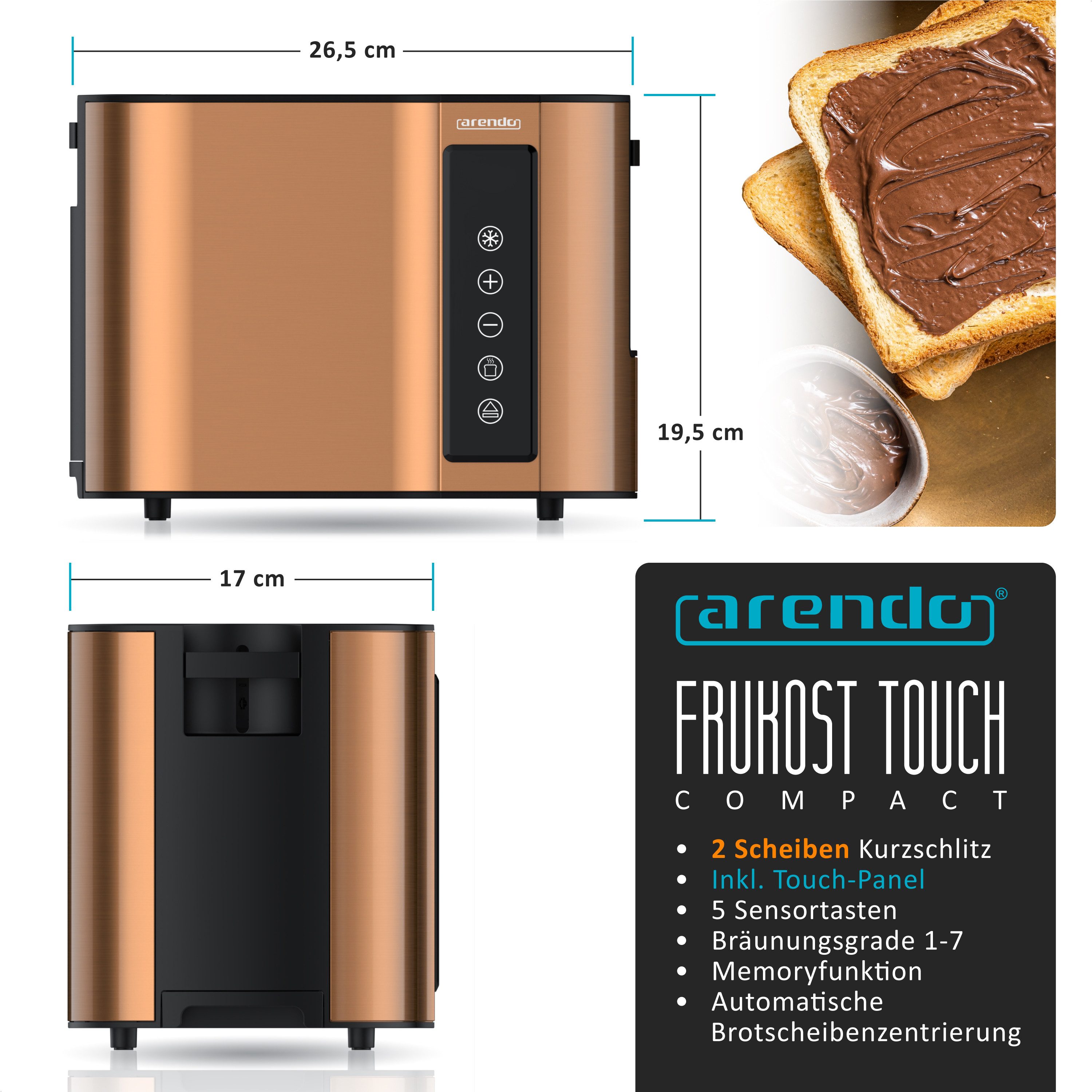 Arendo Toaster Wärmeisoliertes Doppelwandgehäuse, Display mit Restzeitanzeige, 2 kurze Schlitze, für 2 Scheiben, 800 W, Touchpanel, Brötchenaufsatz, 7 Bräunungsgrade, Brotscheibenzentrierung