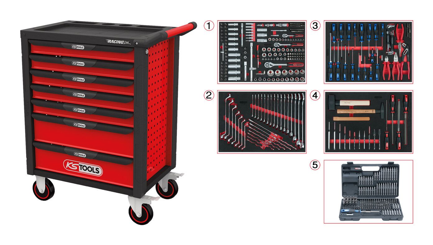 KS Tools Werkstattwagen RACINGline SCHWARZ/ROT, (515-tlg), Mit 7 Schubladen und 515 Premium-Werkzeugen