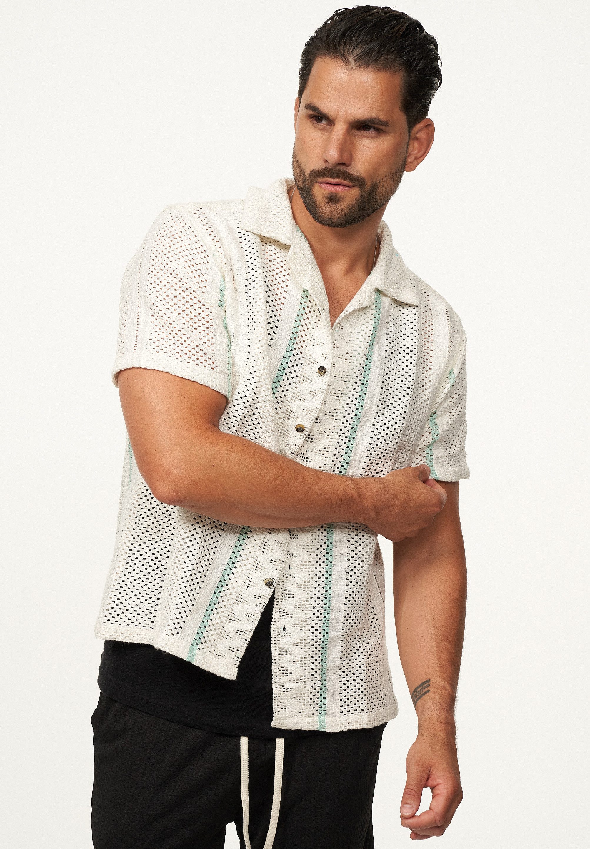 SOULSTAR Kurzarmhemd Gestreift - Freizeithemd als Kurzam Strick Retro Hemd Herren Strick Polo-Hemd Overshirt im Regular-Fit T-Shirt