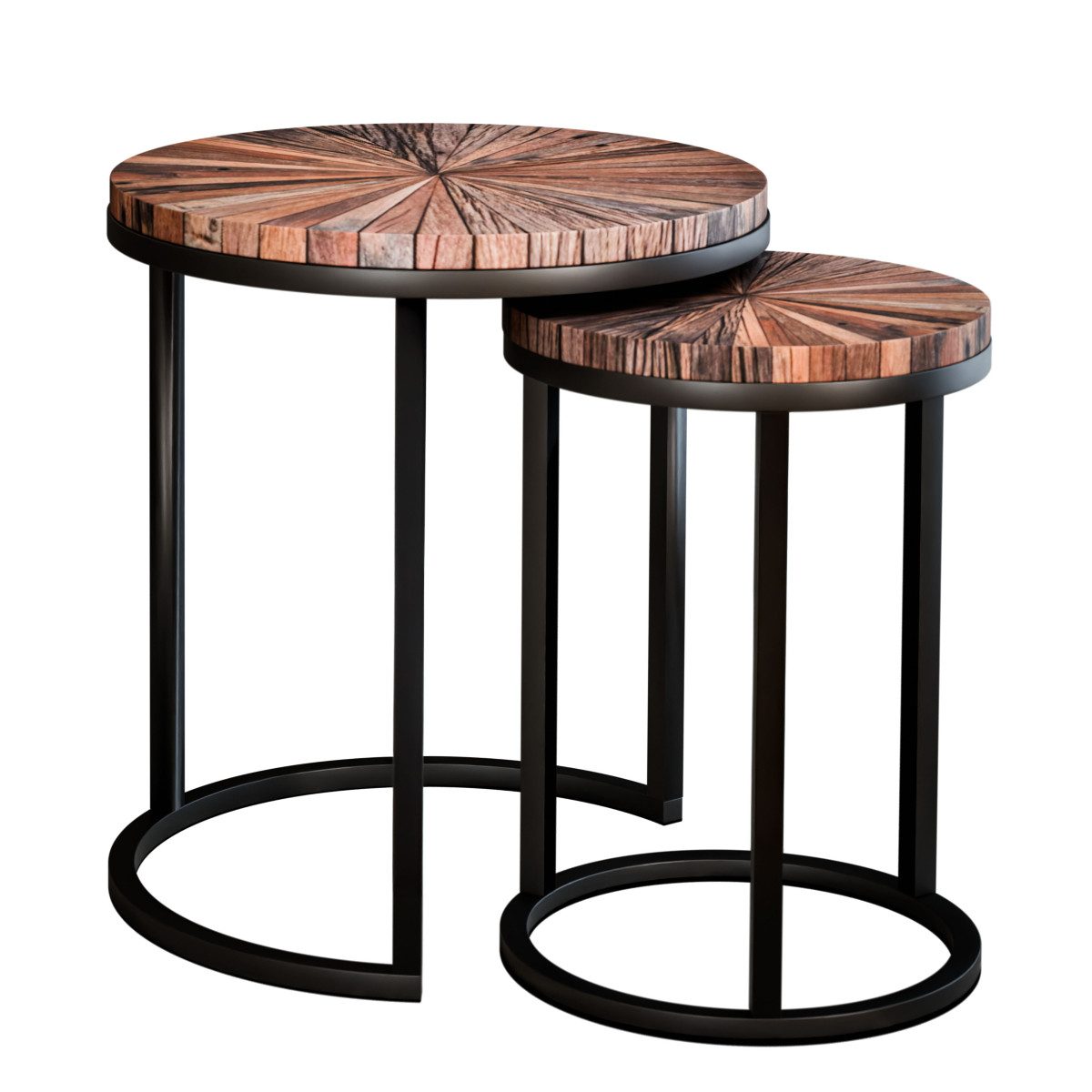Liadomo Beistelltisch Girona, Couchtisch, Wohnzimmertisch (2er Set), Platten aus recyceltem Altholz, Metallgestell schwarz, Unikat