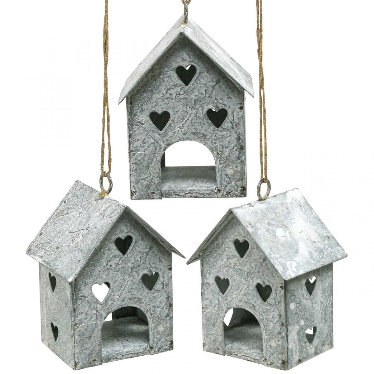 Florists Products Gartenfigur Weihnachtsanhänger Metall Haus Shabby Chic Vintage LED-Effekt, 3 Stück